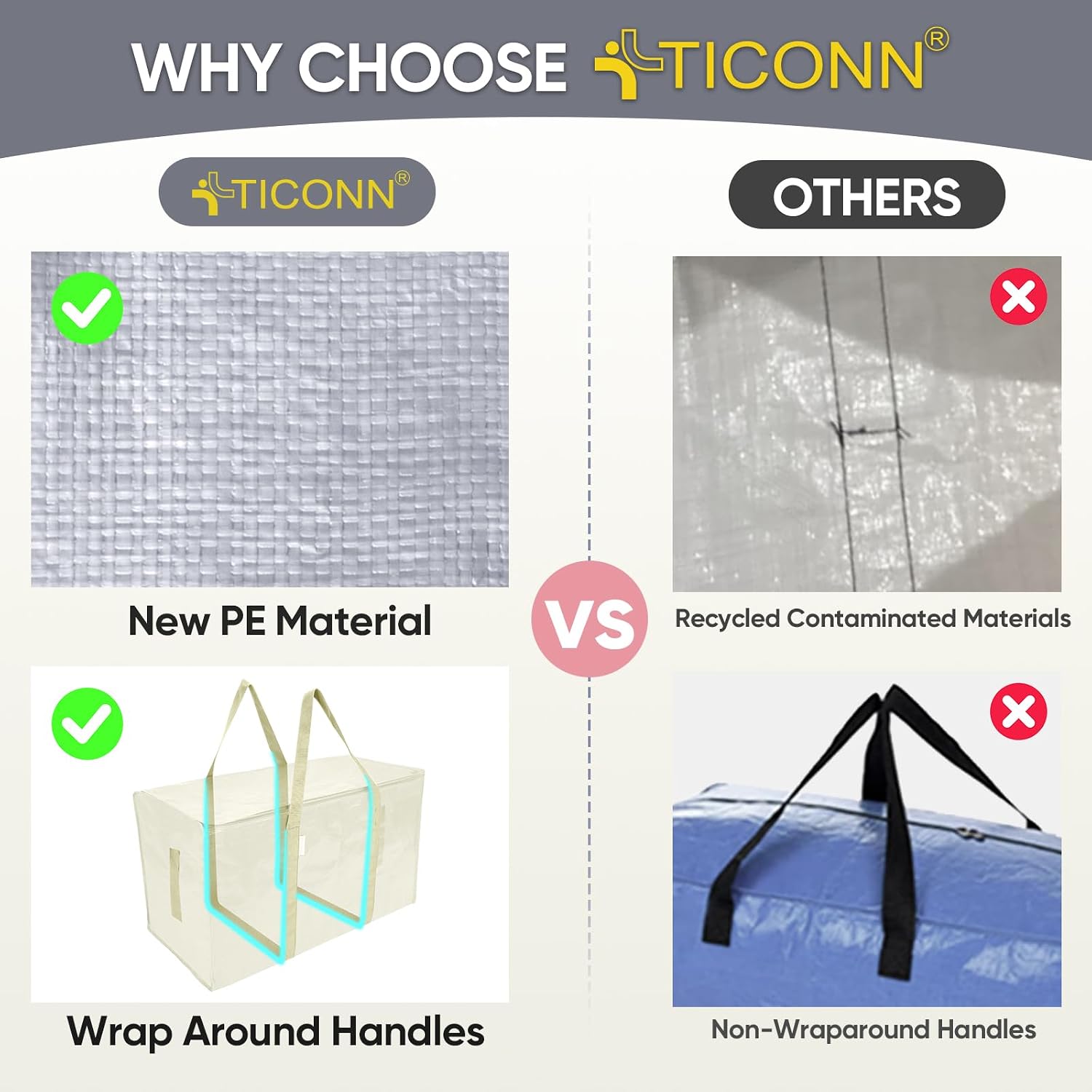TICONN 2 Pack Extra Large Moving Bags Heavy Duty with Zippers & Carrying Handles. Durable Storage Bags Moving Boxes for Closet Organizers and Storage (2 Pack. Cream)