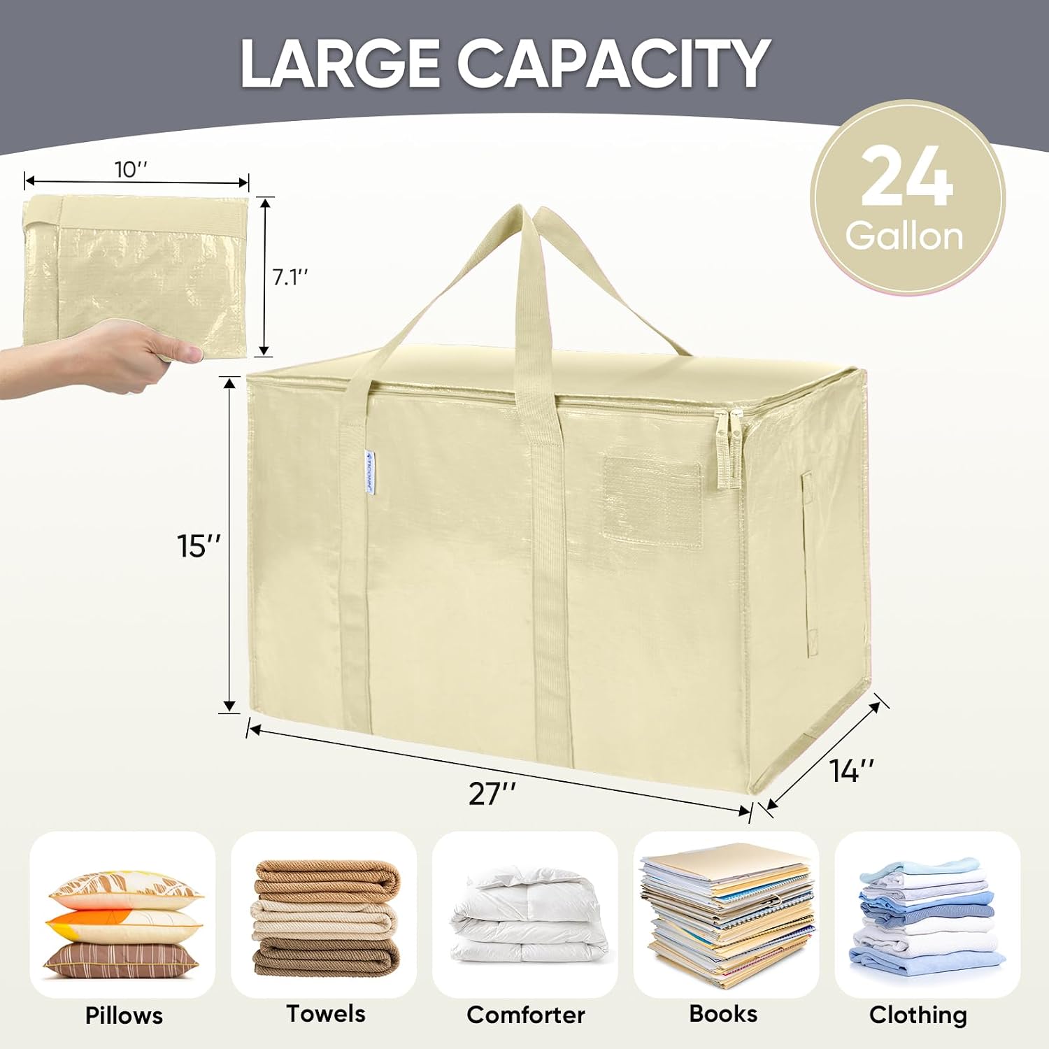 TICONN 2 Pack Extra Large Moving Bags Heavy Duty with Zippers & Carrying Handles. Durable Storage Bags Moving Boxes for Closet Organizers and Storage (2 Pack. Cream)