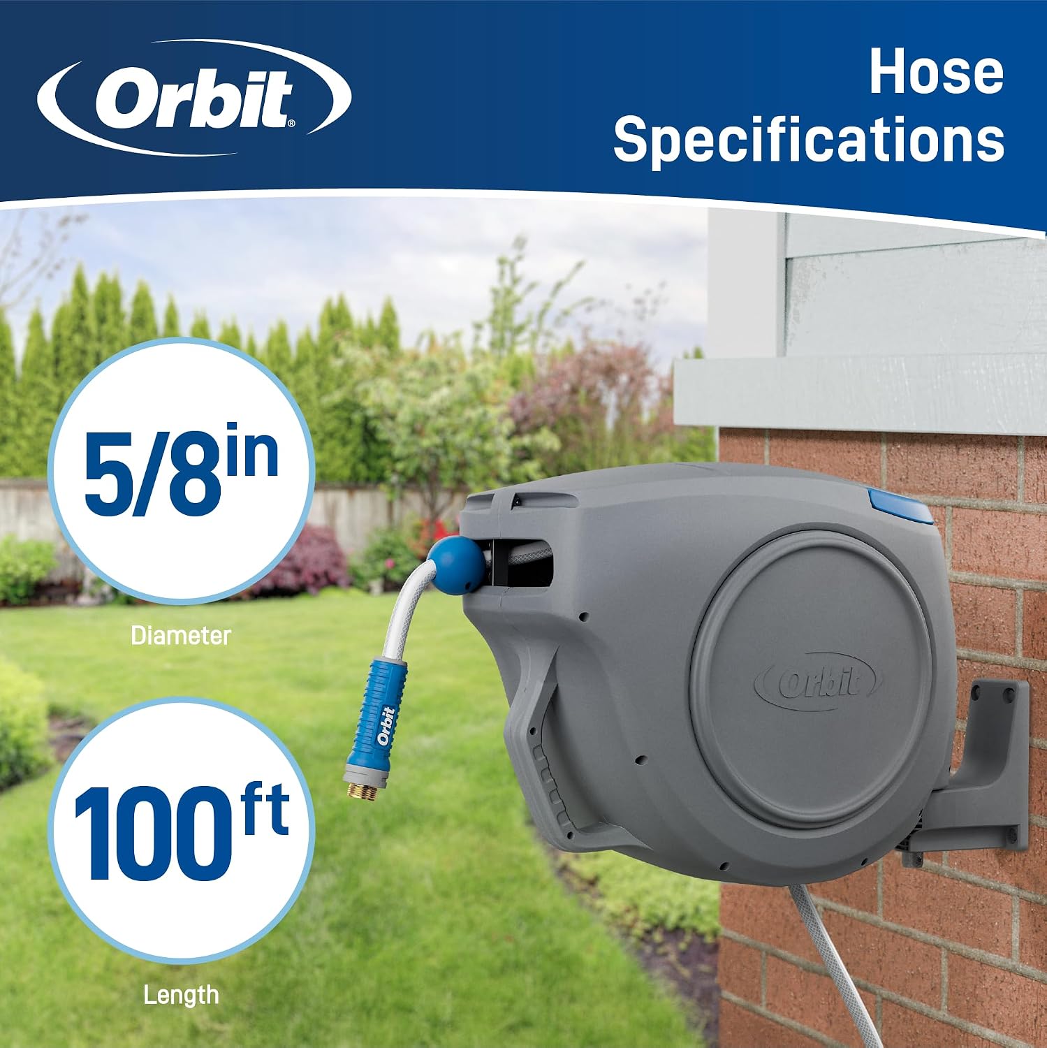 Orbit Auto-Retractable Garden Hose Reel. Wall Mount. 100ft x 5/8in - 28263 | Heavy-Duty 180 Degree Swivel Mount Hose Reel with 500 PSI Burst Strength for Easy Auto-Retractable Storage