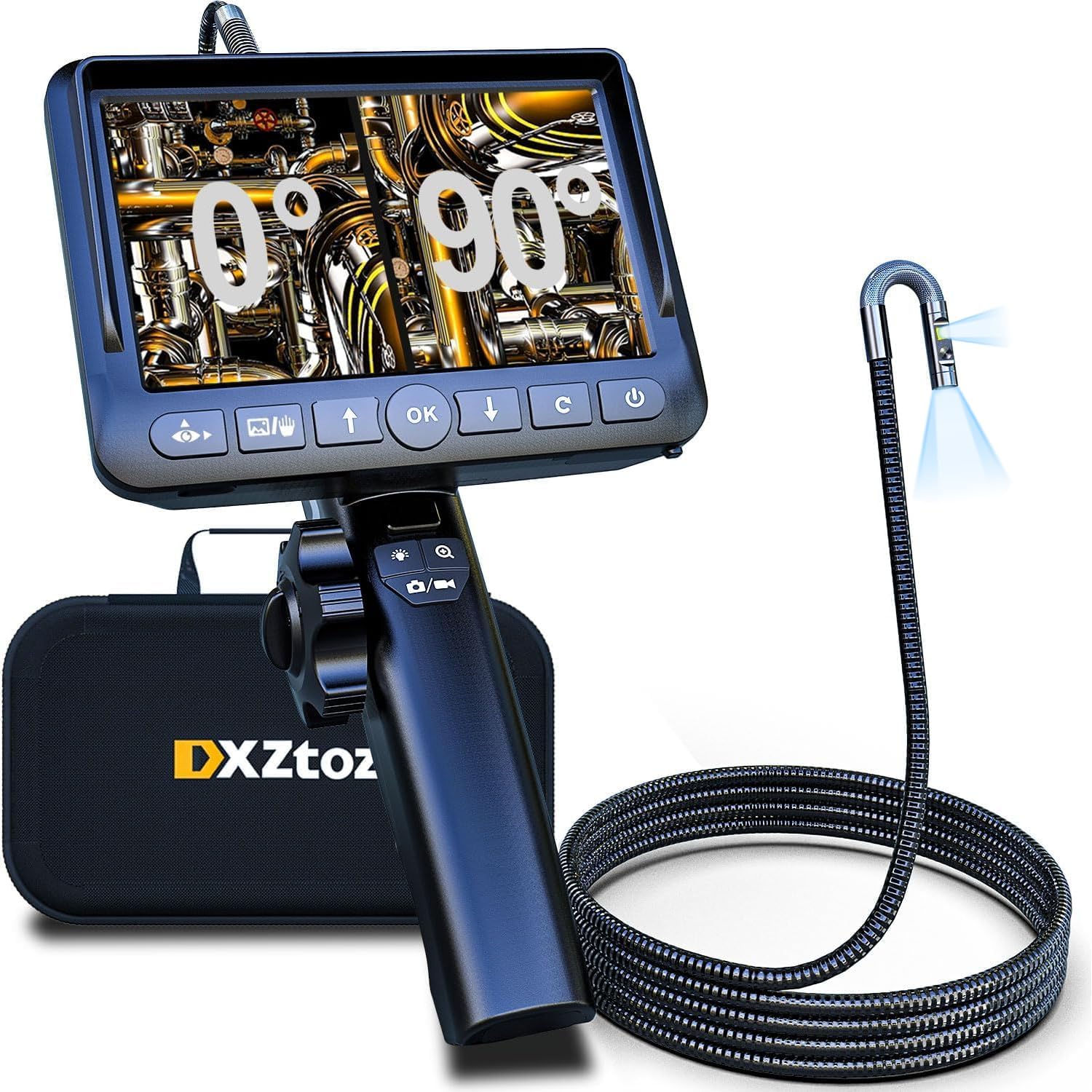 DXZtoz Dual-Lens Articulating Borescope for Automotive Mechanic Inspection | 5.0 IPS Screen. 2-Way 220° Snake Camera with Light. 10X Zoom. 32GB. IP67 Waterproof. 5FT Semi-rigid Probe