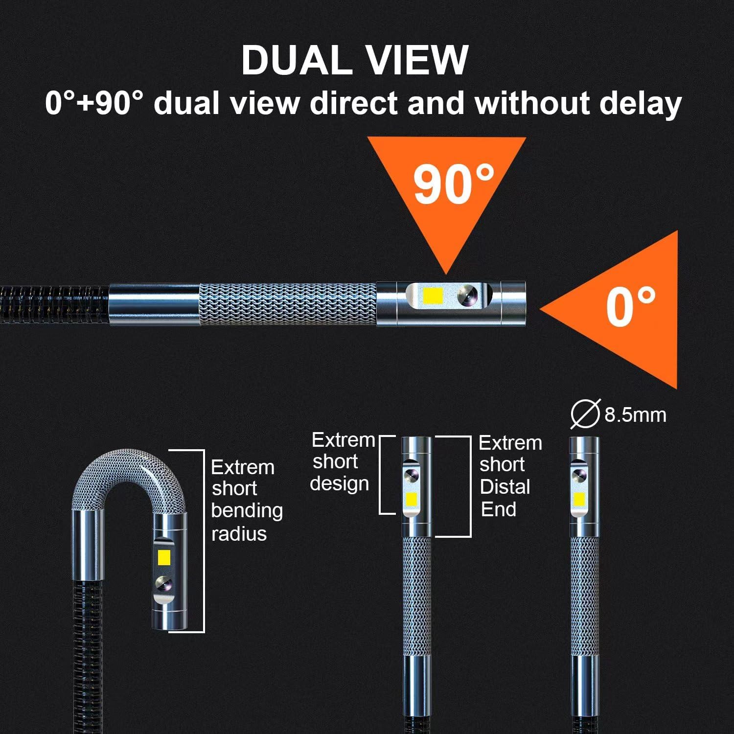 DXZtoz Dual-Lens Articulating Borescope for Automotive Mechanic Inspection | 5.0 IPS Screen. 2-Way 220° Snake Camera with Light. 10X Zoom. 32GB. IP67 Waterproof. 5FT Semi-rigid Probe