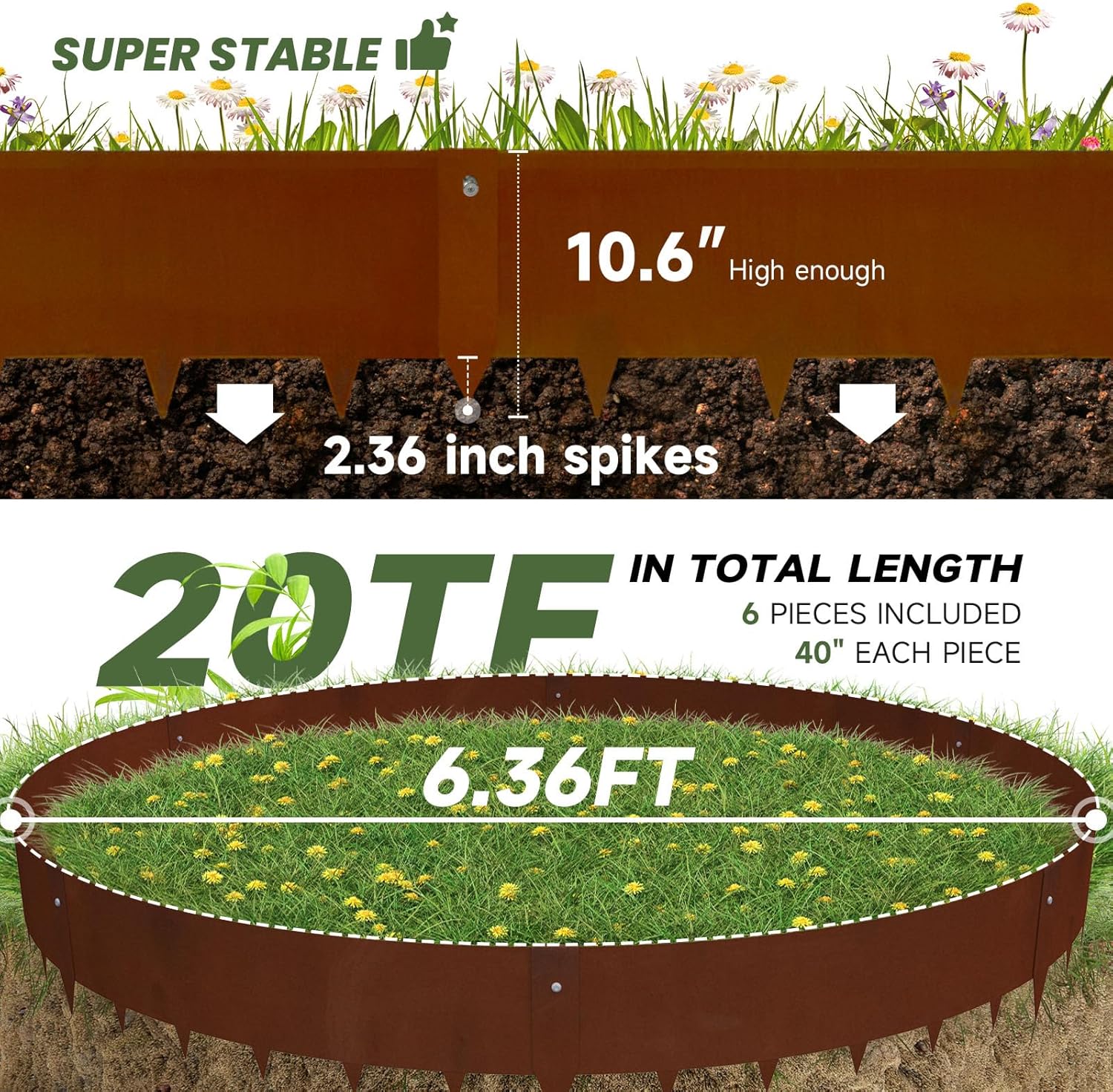 Corten Steel Landscape Edging 10 Inch Metal Garden Edging Pre-Rusted 6-Pack | 20Ft Total Heavy Duty Metal Landscape Edging. No Dig. Bendable for Curved Borders. 6 Clips for Yard. Pathway. Backyard