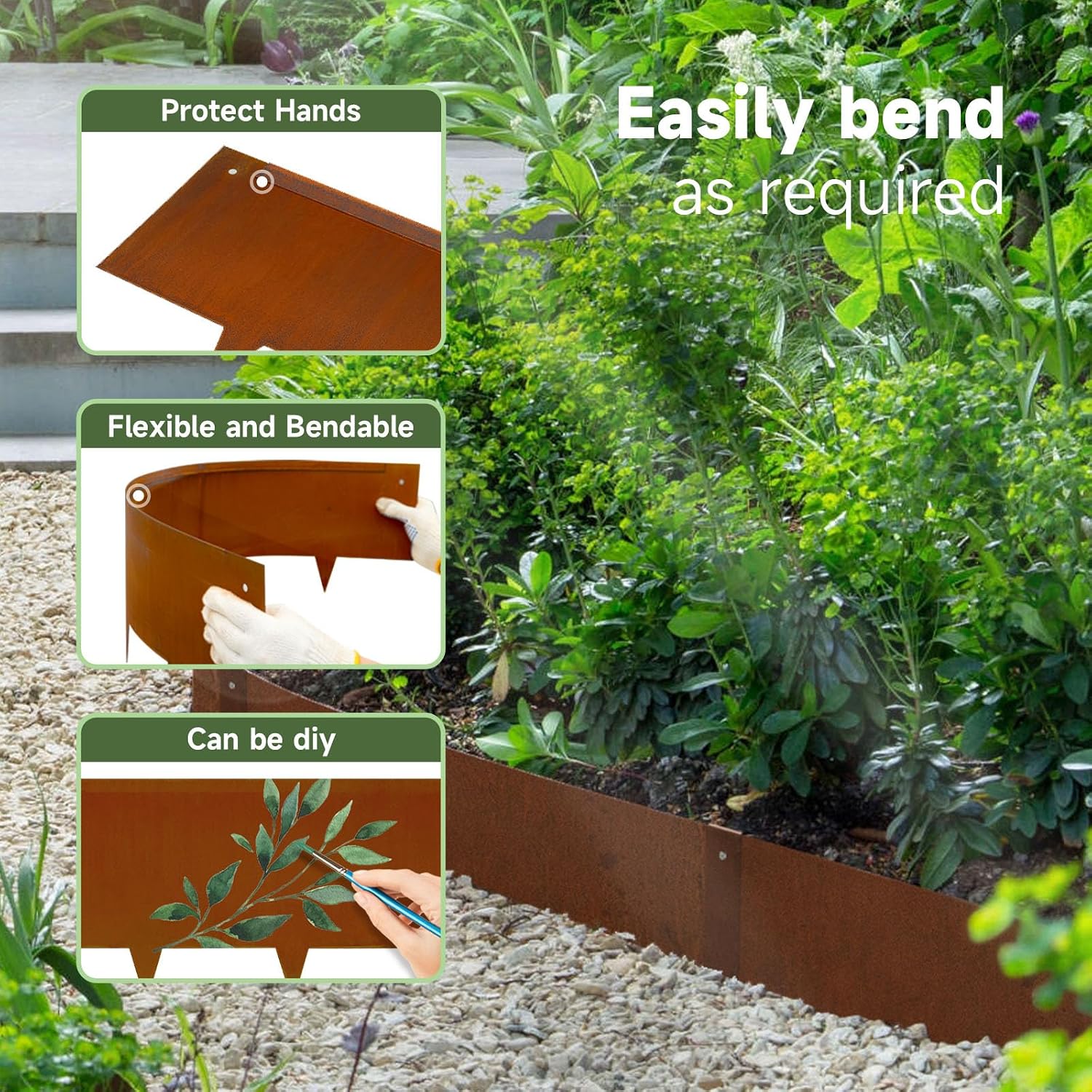 Corten Steel Landscape Edging 10 Inch Metal Garden Edging Pre-Rusted 6-Pack | 20Ft Total Heavy Duty Metal Landscape Edging. No Dig. Bendable for Curved Borders. 6 Clips for Yard. Pathway. Backyard