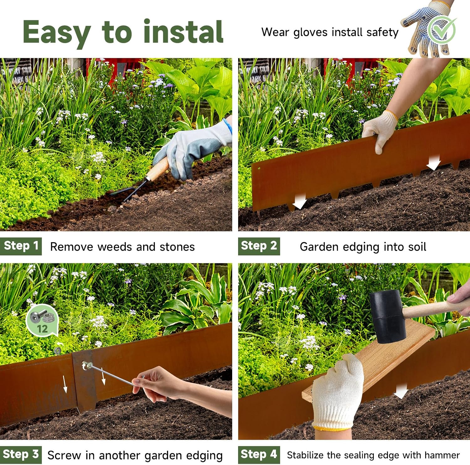 Corten Steel Landscape Edging 10 Inch Metal Garden Edging Pre-Rusted 6-Pack | 20Ft Total Heavy Duty Metal Landscape Edging. No Dig. Bendable for Curved Borders. 6 Clips for Yard. Pathway. Backyard