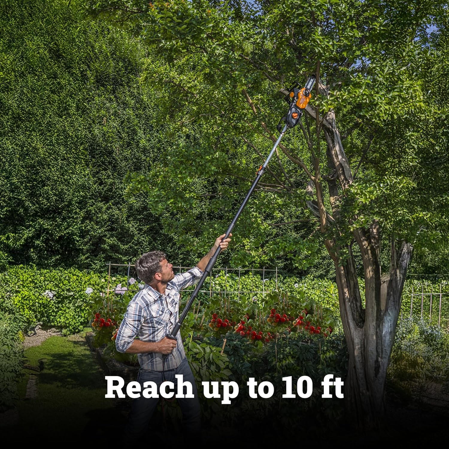WORX Electric Chainsaw. 8 Amp 10 2-in-1 Pole saw. WG311 | Up to 10 ft. Reach. 28 ft/s Chain Speed. Weighs 10 LBS. 180° Rotating Rear Handle