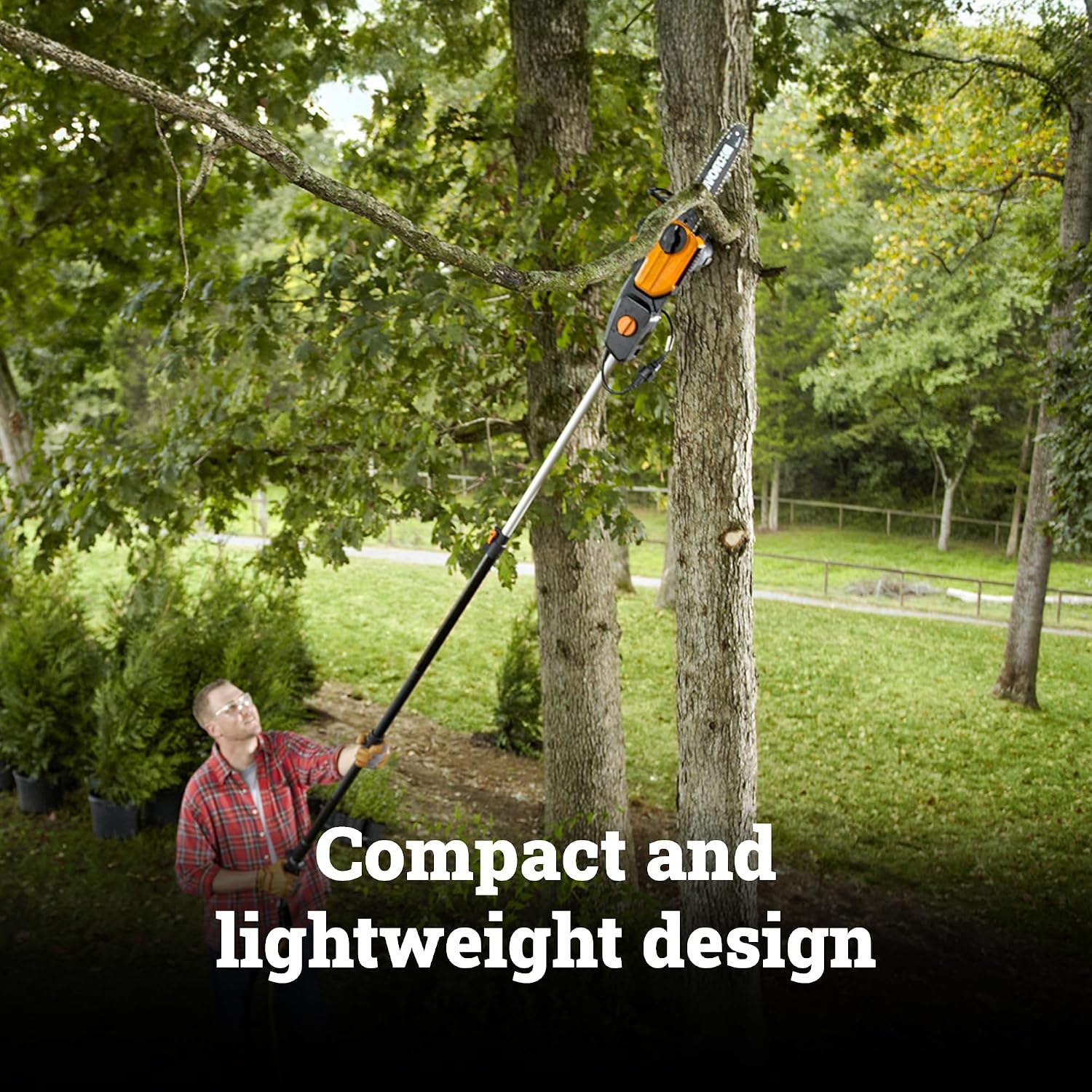 WORX Electric Chainsaw. 8 Amp 10 2-in-1 Pole saw. WG311 | Up to 10 ft. Reach. 28 ft/s Chain Speed. Weighs 10 LBS. 180° Rotating Rear Handle