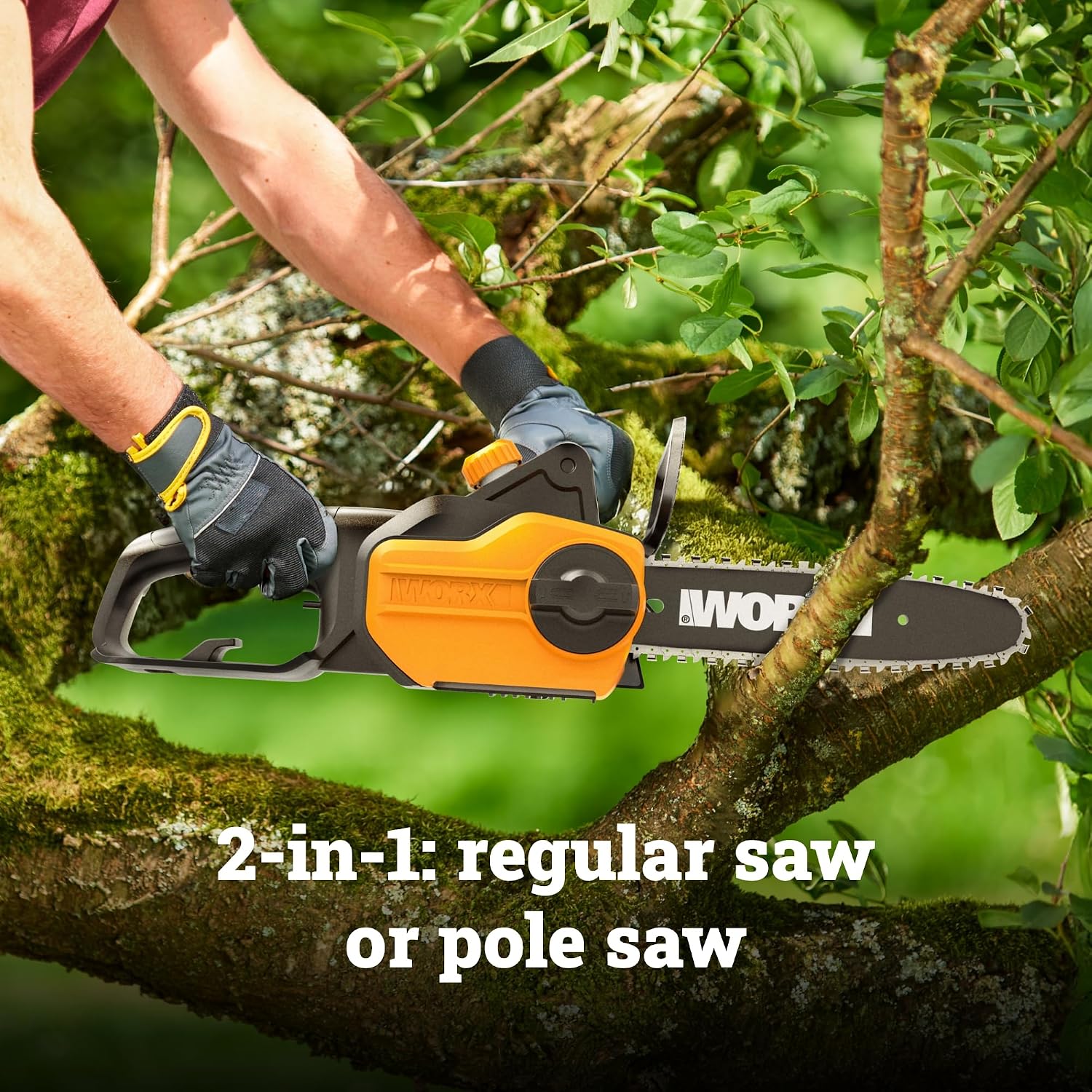WORX Electric Chainsaw. 8 Amp 10 2-in-1 Pole saw. WG311 | Up to 10 ft. Reach. 28 ft/s Chain Speed. Weighs 10 LBS. 180° Rotating Rear Handle
