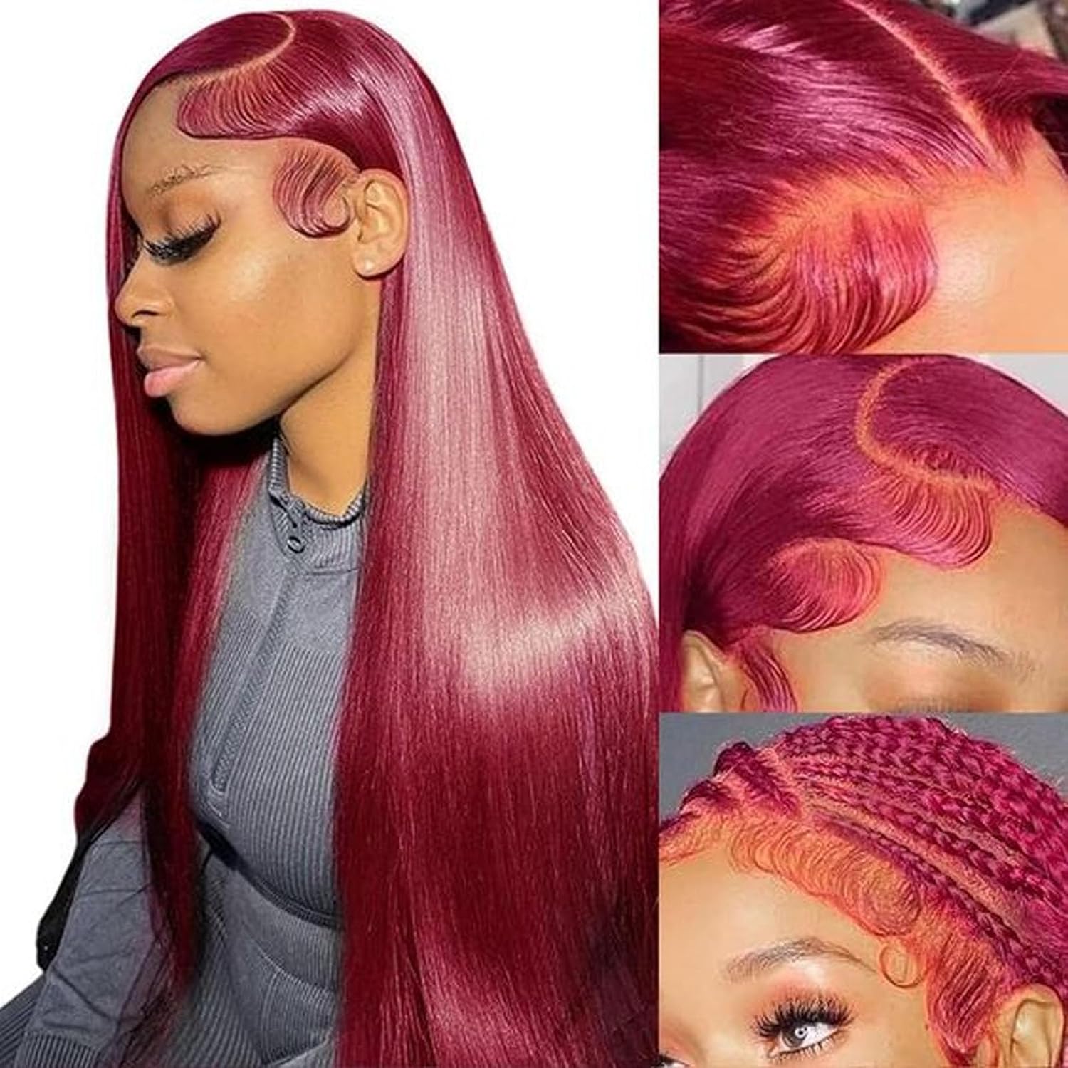 Burgundy Wig Human Hair 13x6 HD Lace Front Straight Wig 180 Density 28inch | 100% Human Hair with Natural Pre-Plucked Hairline .HD Transparent Lace Deep Parting Space. No Shedding. Soft Silky Straight