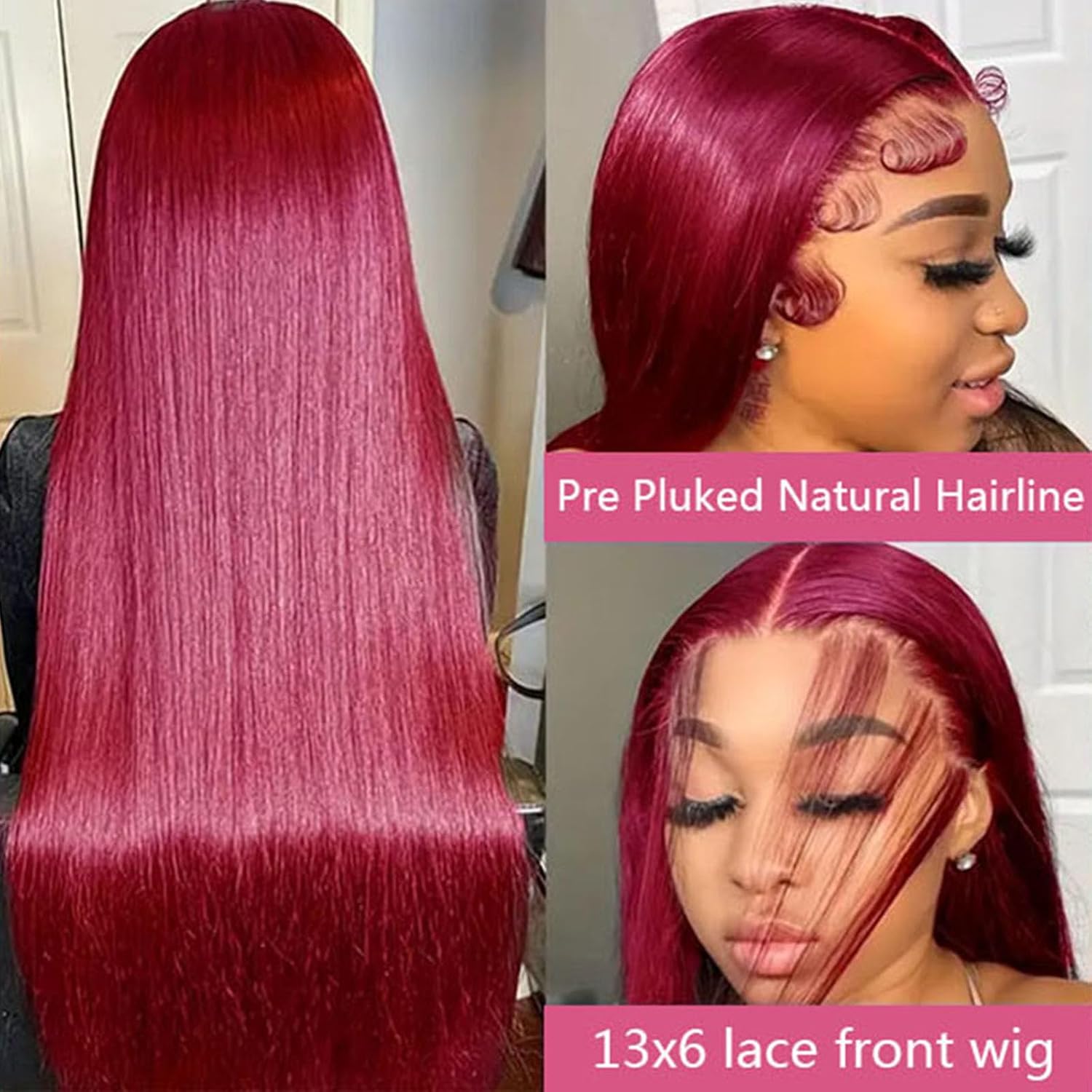 Burgundy Wig Human Hair 13x6 HD Lace Front Straight Wig 180 Density 28inch | 100% Human Hair with Natural Pre-Plucked Hairline .HD Transparent Lace Deep Parting Space. No Shedding. Soft Silky Straight