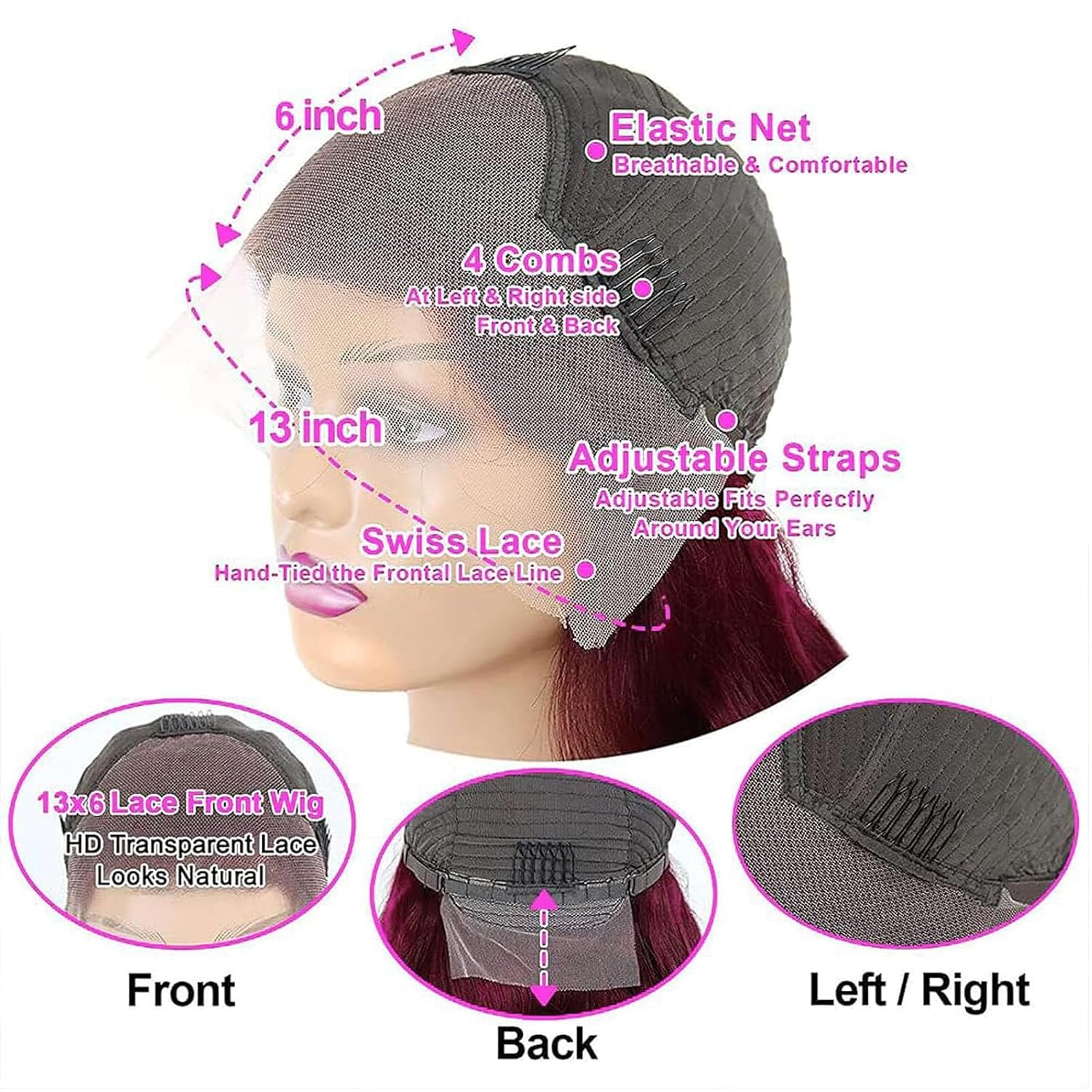 Burgundy Wig Human Hair 13x6 HD Lace Front Straight Wig 180 Density 28inch | 100% Human Hair with Natural Pre-Plucked Hairline .HD Transparent Lace Deep Parting Space. No Shedding. Soft Silky Straight