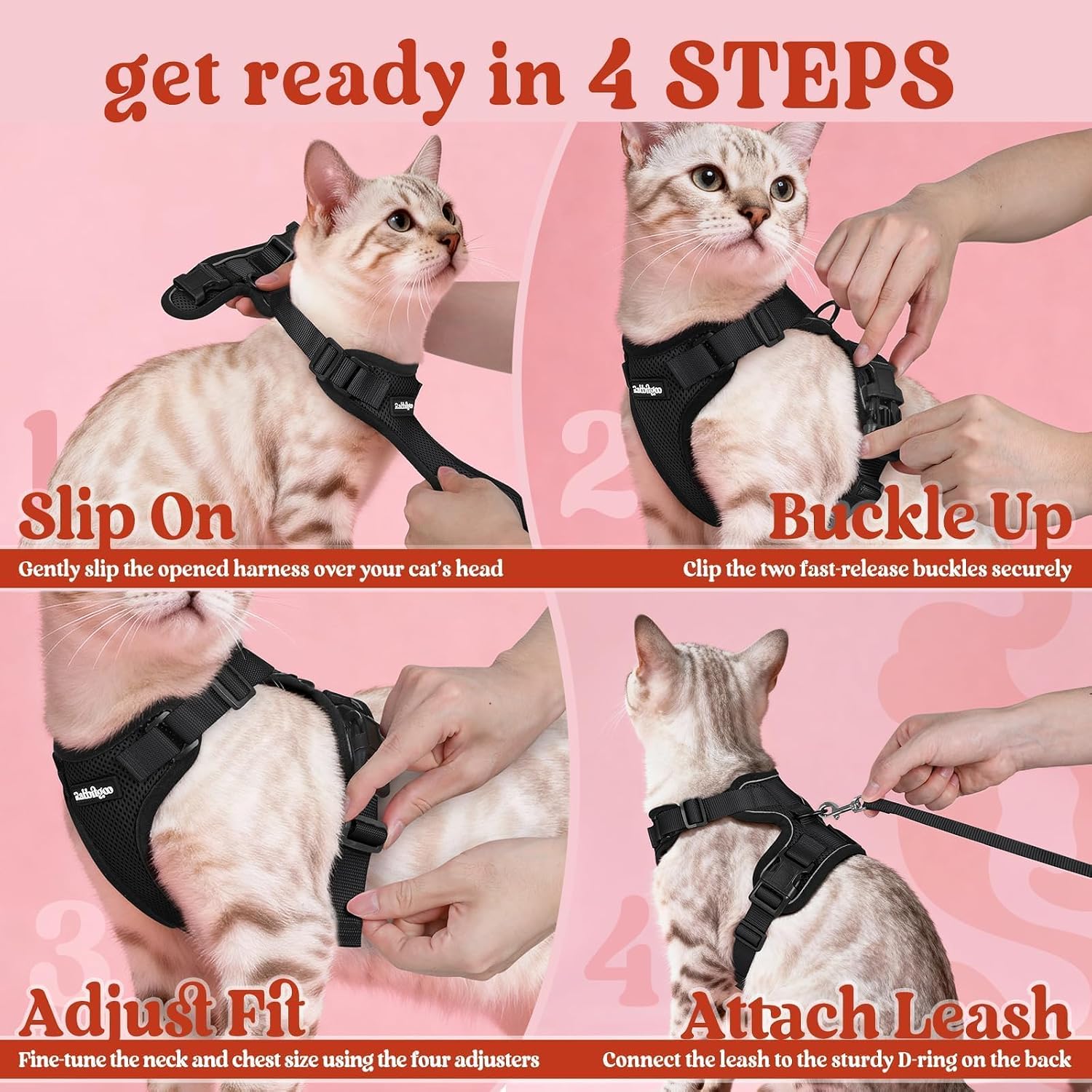 rabbitgoo Cat Harness and Leash Set. Escape Proof Vest. Black | Soft Breathable Mesh. Easy Adjustable Fit. Snap Buckles. Sturdy Clip. Reflective Strips. for Small & Average Cats Walks. Xs