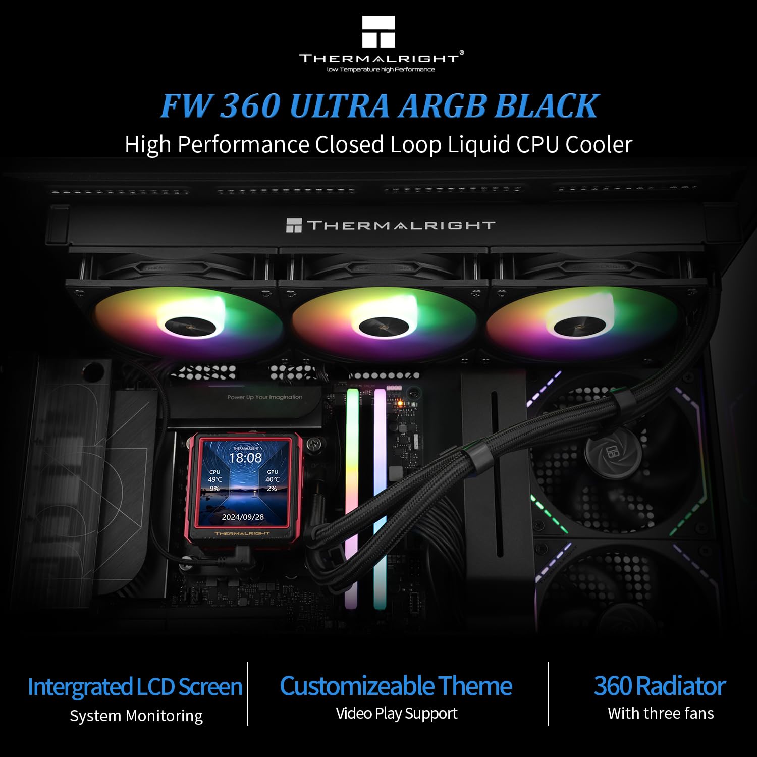 Thermalright FW 360 Ultra ARGB Black 360mm AIO CPU Liquid Cooler | IPS LCD Screen with 480x480 Resolution.for AM5/Intel LGA1851/1700.2.88inch Magnet-Absorbent LCD Screen for Images-Black