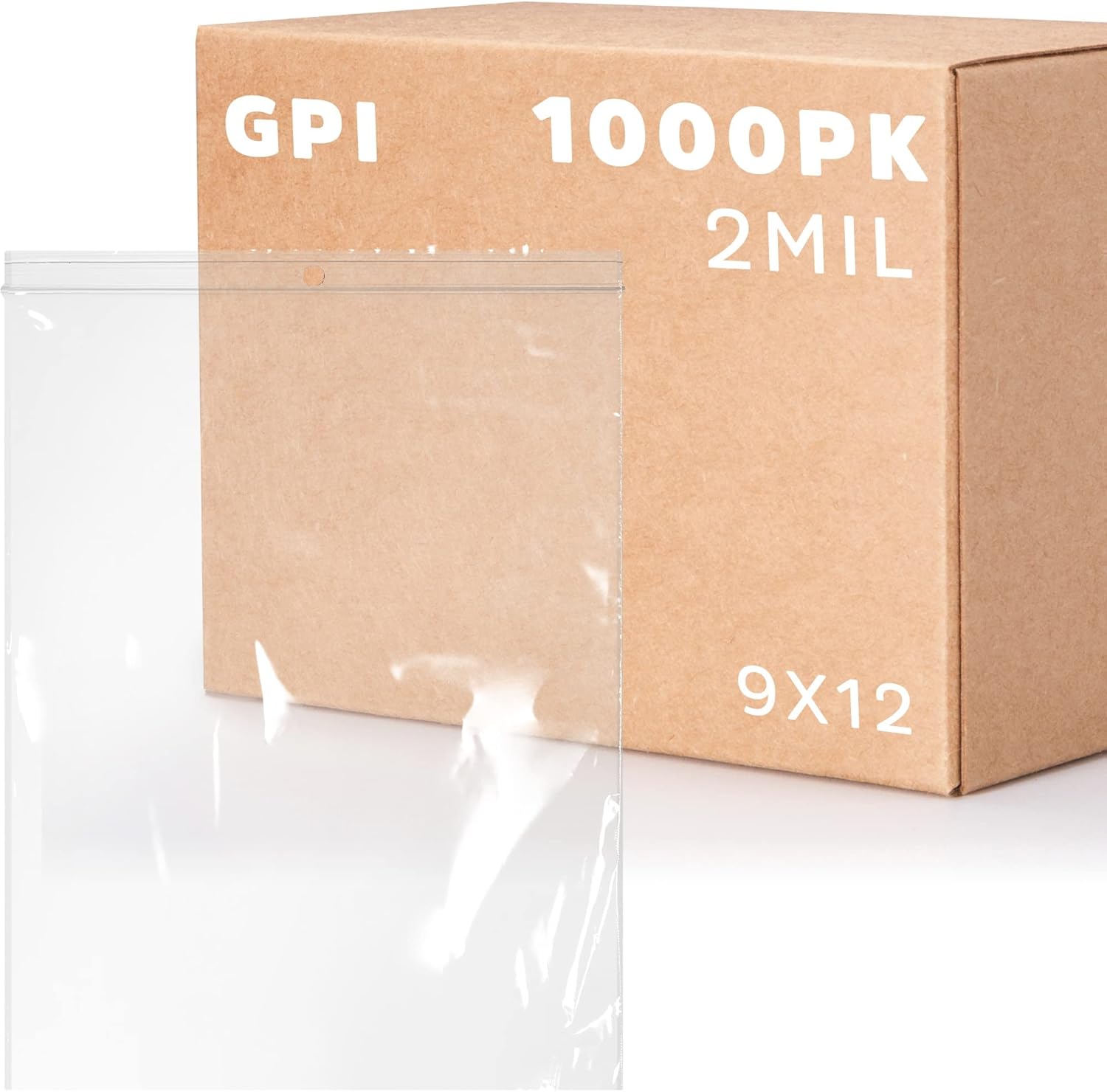 GPI - 9 x 12 - Case of 1000. 2 Mil thick. Large. Clear Plastic Reclosable Zip Bags. Hang Hole For Display. Durable Poly Baggies with Resealable Zip Top Lock for Storage. Packaging & Shipping