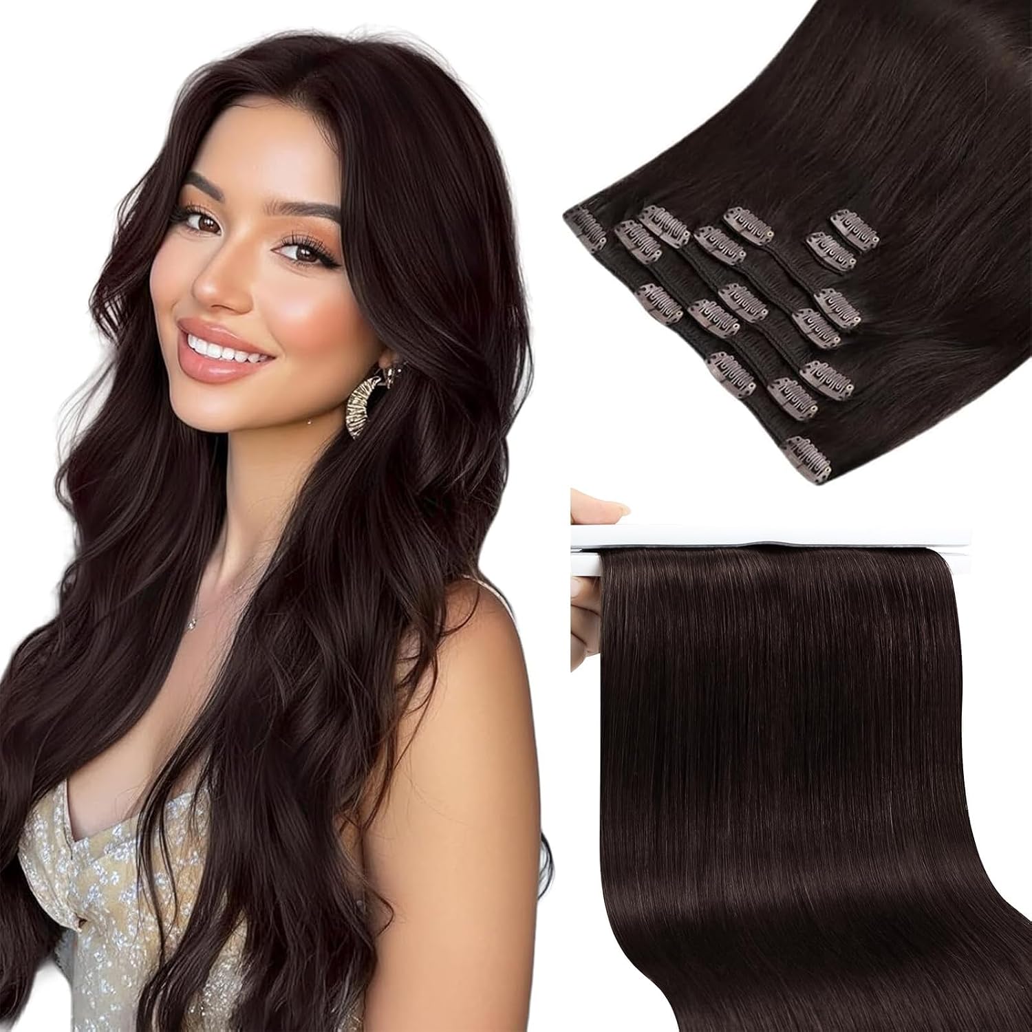 Sunny Hair Clip in Hair Extensions Real Human Hair Dark Brown 24inch 150g | Remy Hair Extensions Clip in Human Hair Brown Create Natural Long Hair with Fuller Ends and Volume Boost Seekers
