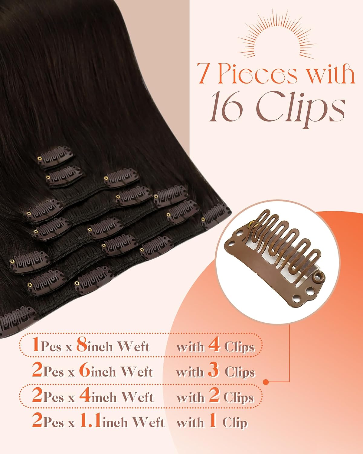Sunny Hair Clip in Hair Extensions Real Human Hair Dark Brown 24inch 150g | Remy Hair Extensions Clip in Human Hair Brown Create Natural Long Hair with Fuller Ends and Volume Boost Seekers
