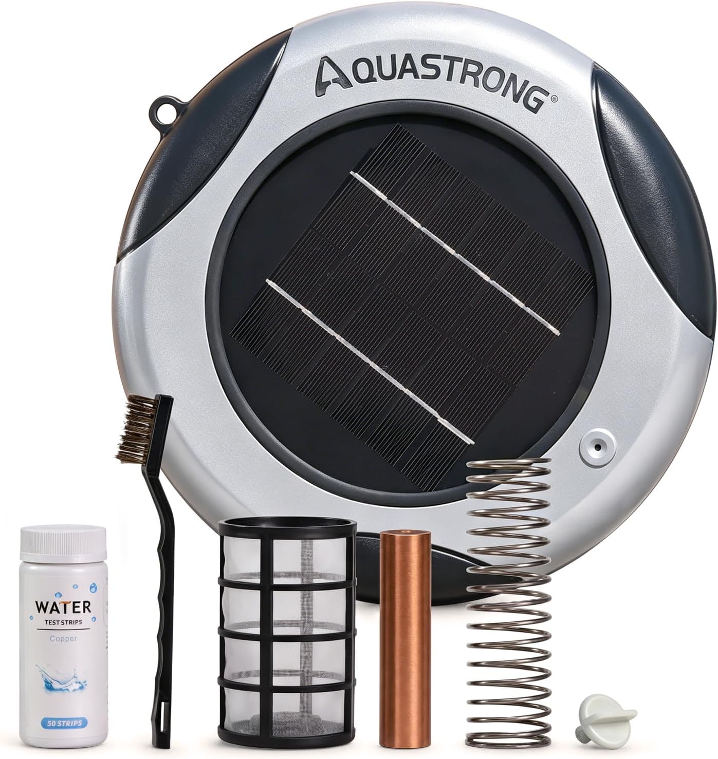 AQUASTRONG Solar Powered Pool Care System with 19.9 oz Copper Anode. 2W Solar Panel. Floating Design for Above Ground & Inground Pools up to 50.000 Gallons. Compatible with Multiple Pool Types