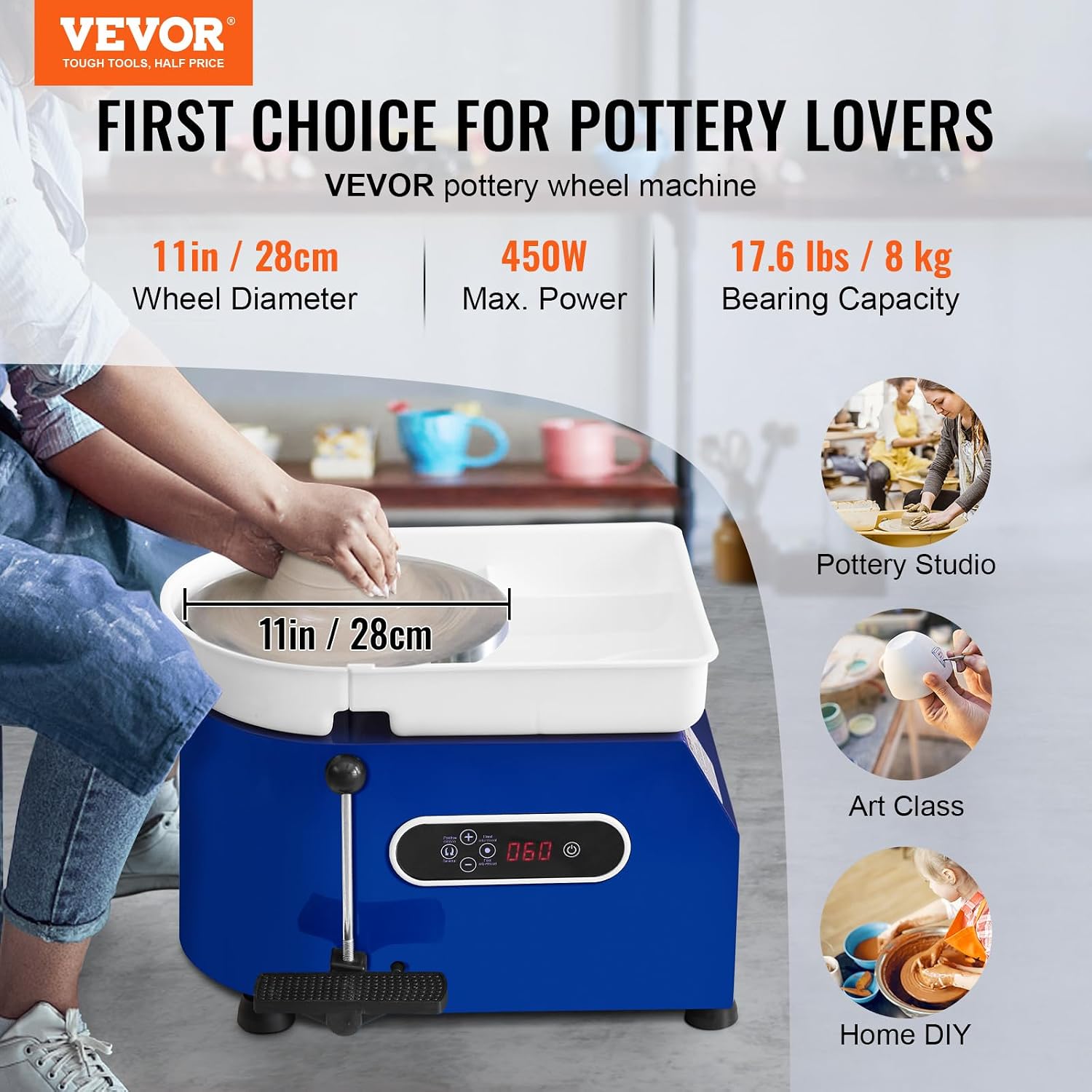VEVOR 11in Pottery Wheel for Adults Beginners. 450W Ceramic Wheel Forming Machine With LCD Touch Screen. Adjustable 60-300RPM Speed Handle and Foot Pedal Control. 32PCS Accessory Tools Kit. Craft Gift
