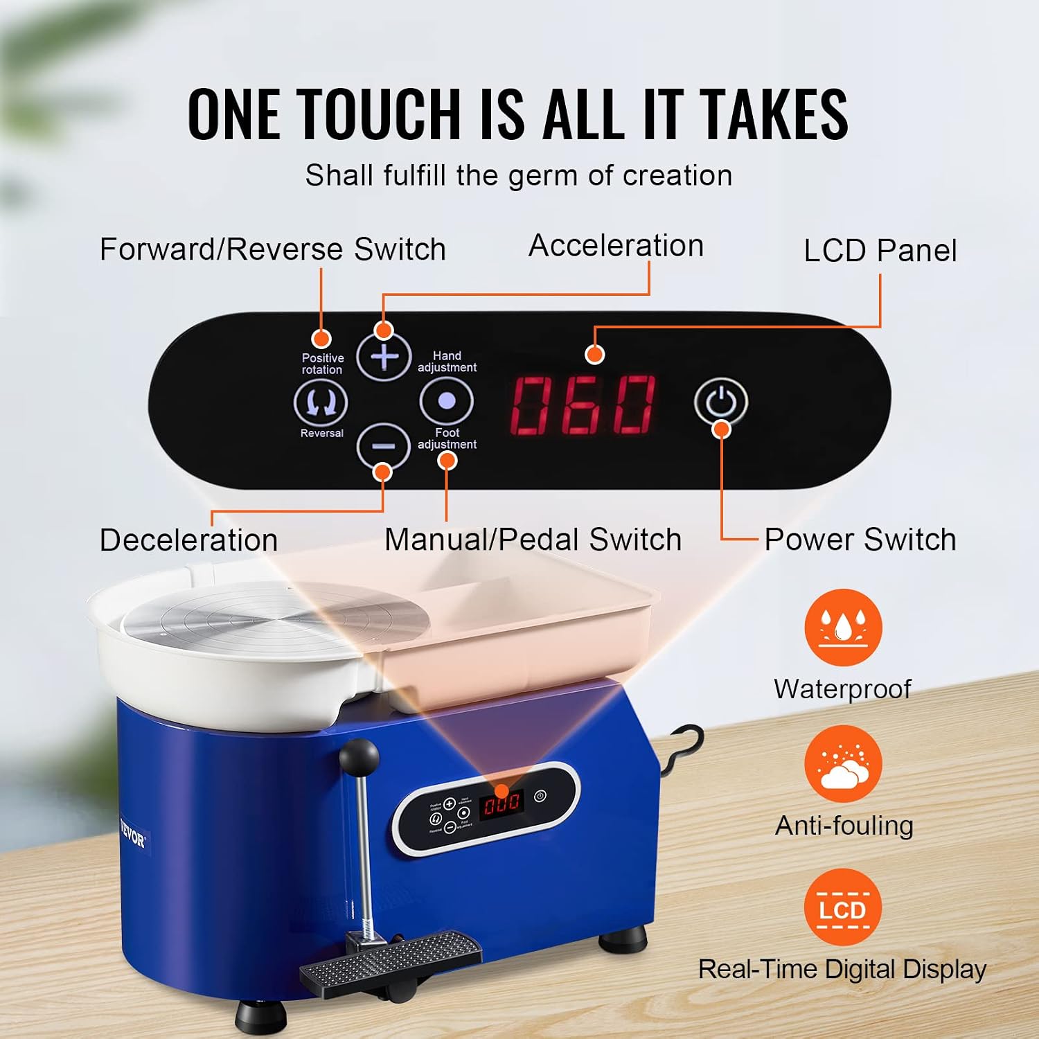 VEVOR 11in Pottery Wheel for Adults Beginners. 450W Ceramic Wheel Forming Machine With LCD Touch Screen. Adjustable 60-300RPM Speed Handle and Foot Pedal Control. 32PCS Accessory Tools Kit. Craft Gift