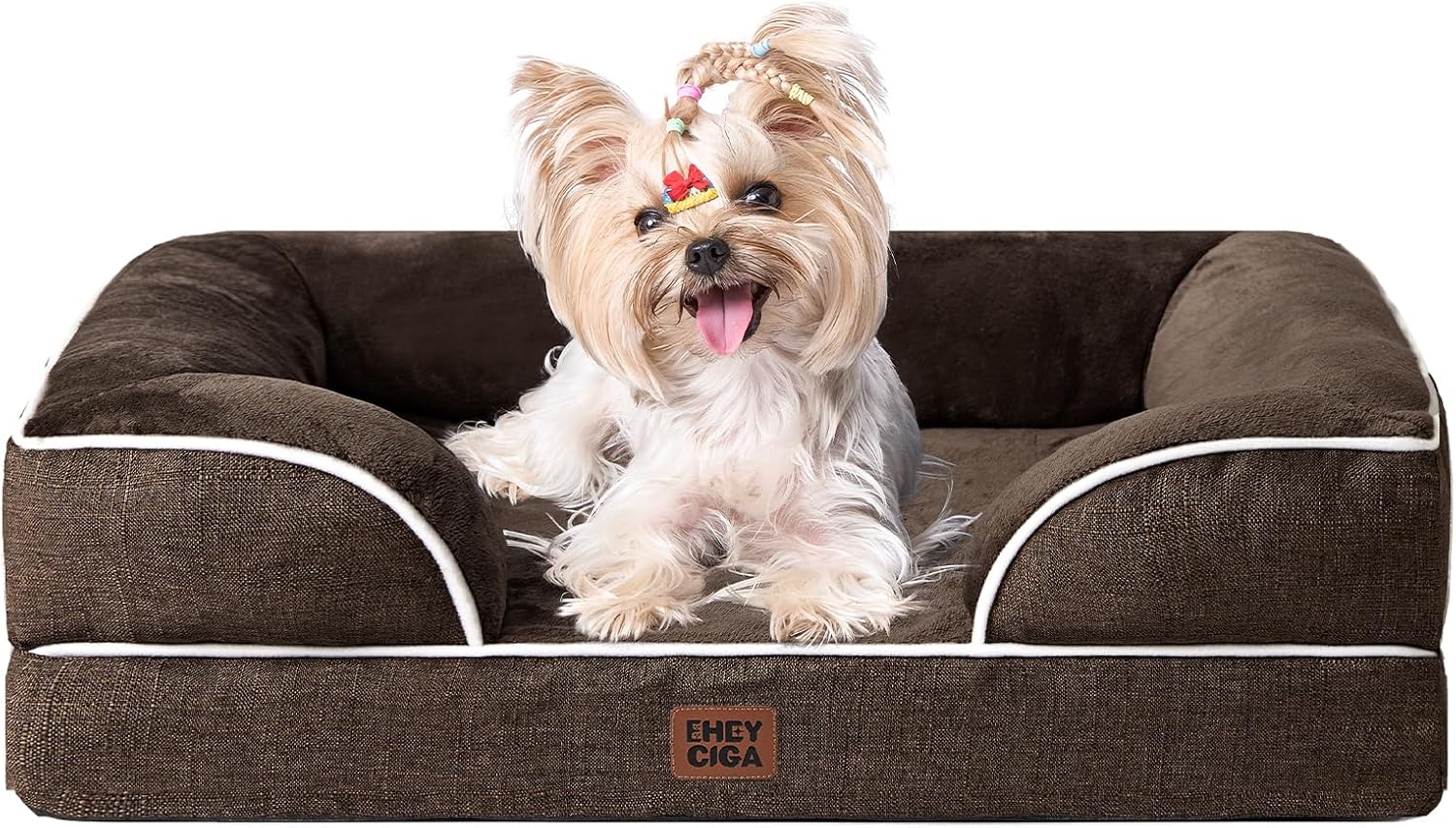 EHEYCIGA Orthopedic Small Dog Bed. Waterproof Memory Foam Washable Pet Beds | Non-Slip Bottom and Egg-Crate Foam Medium Pet Couch Bed with Washable Removable Cover. Brown