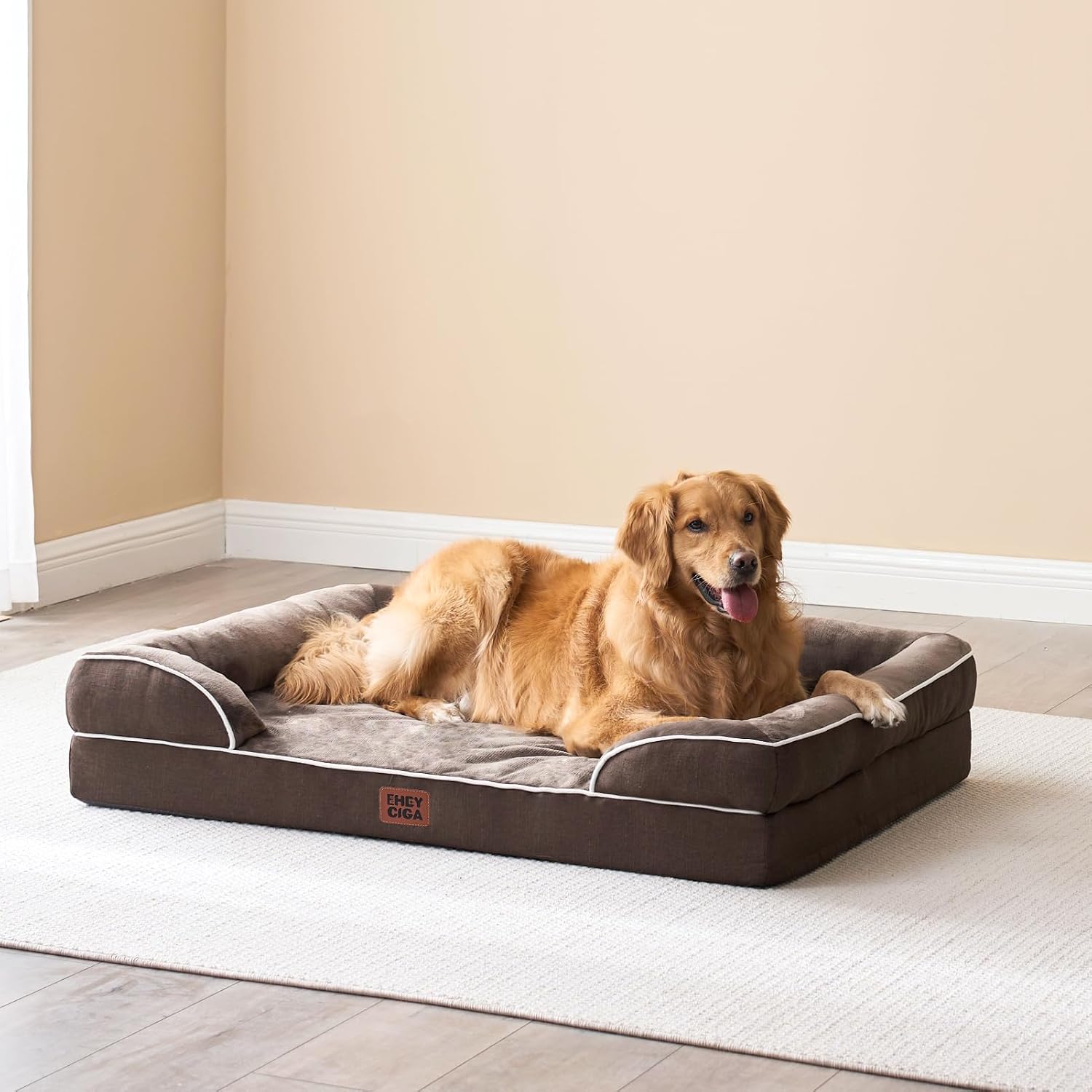 EHEYCIGA Orthopedic Small Dog Bed. Waterproof Memory Foam Washable Pet Beds | Non-Slip Bottom and Egg-Crate Foam Medium Pet Couch Bed with Washable Removable Cover. Brown
