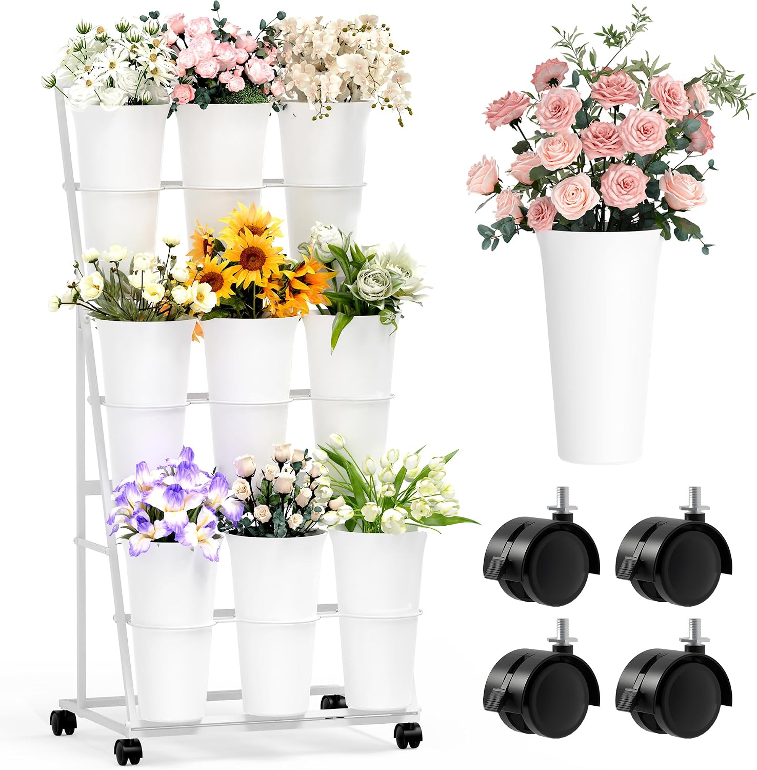 Invech Flower Display Stand with 9 Buckets. 3 Tier Flower Cart Display Stand and Wheels for Indoor Outdoor Garden. Wedding. Flower Shop (White)