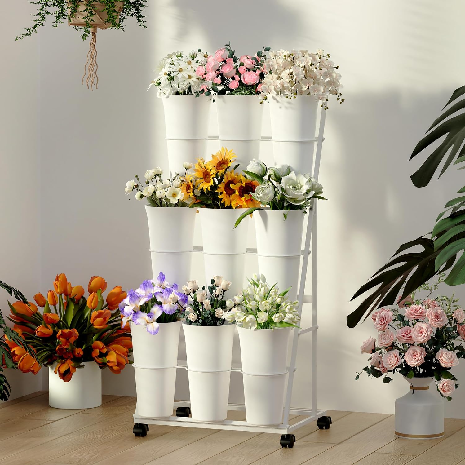 Invech Flower Display Stand with 9 Buckets. 3 Tier Flower Cart Display Stand and Wheels for Indoor Outdoor Garden. Wedding. Flower Shop (White)