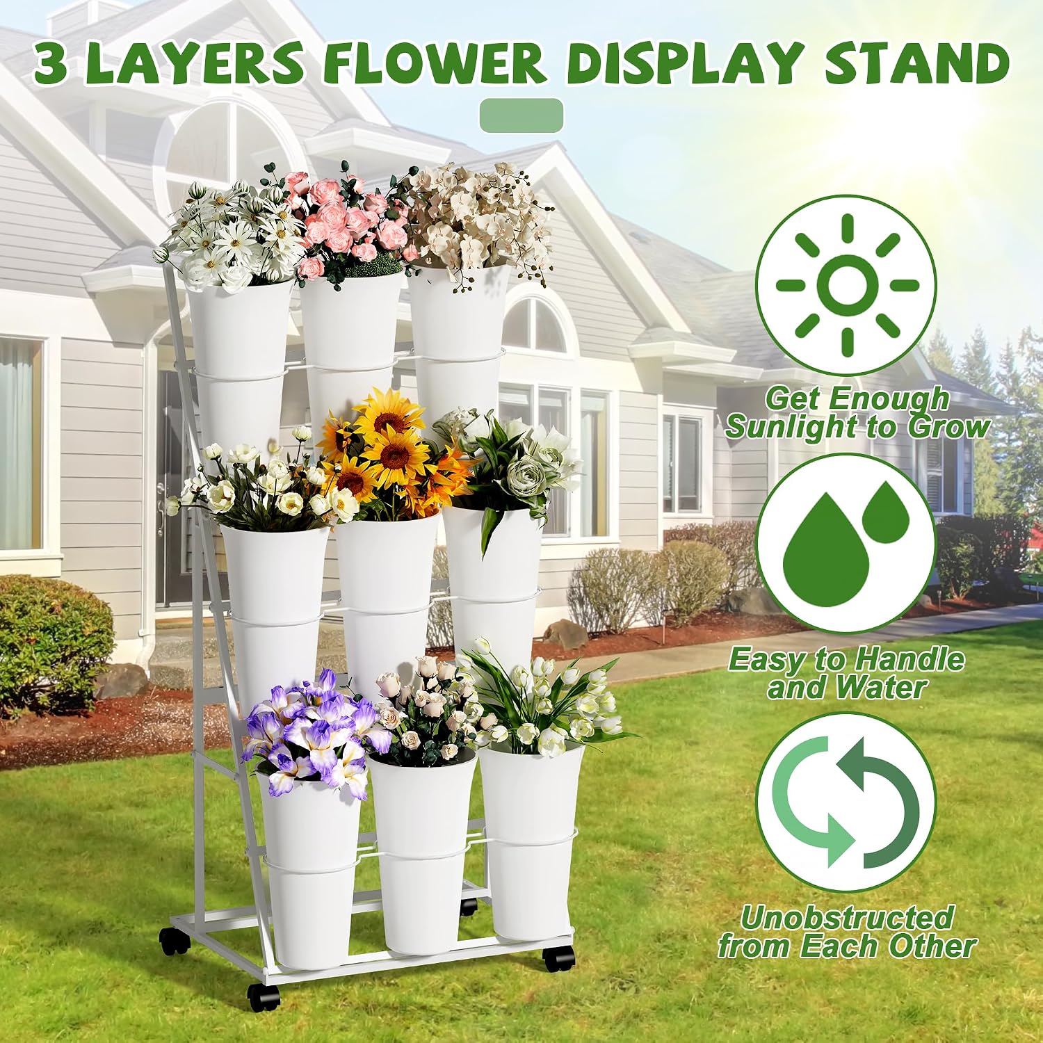 Invech Flower Display Stand with 9 Buckets. 3 Tier Flower Cart Display Stand and Wheels for Indoor Outdoor Garden. Wedding. Flower Shop (White)