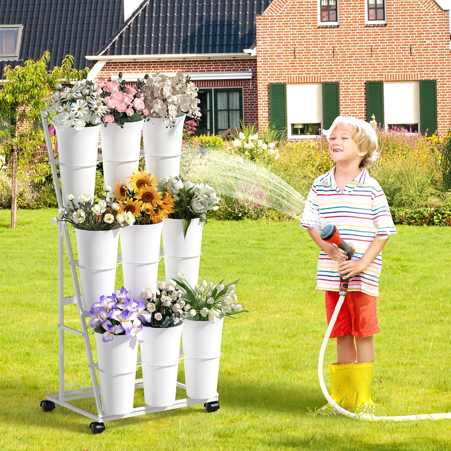 Invech Flower Display Stand with 9 Buckets. 3 Tier Flower Cart Display Stand and Wheels for Indoor Outdoor Garden. Wedding. Flower Shop (White)