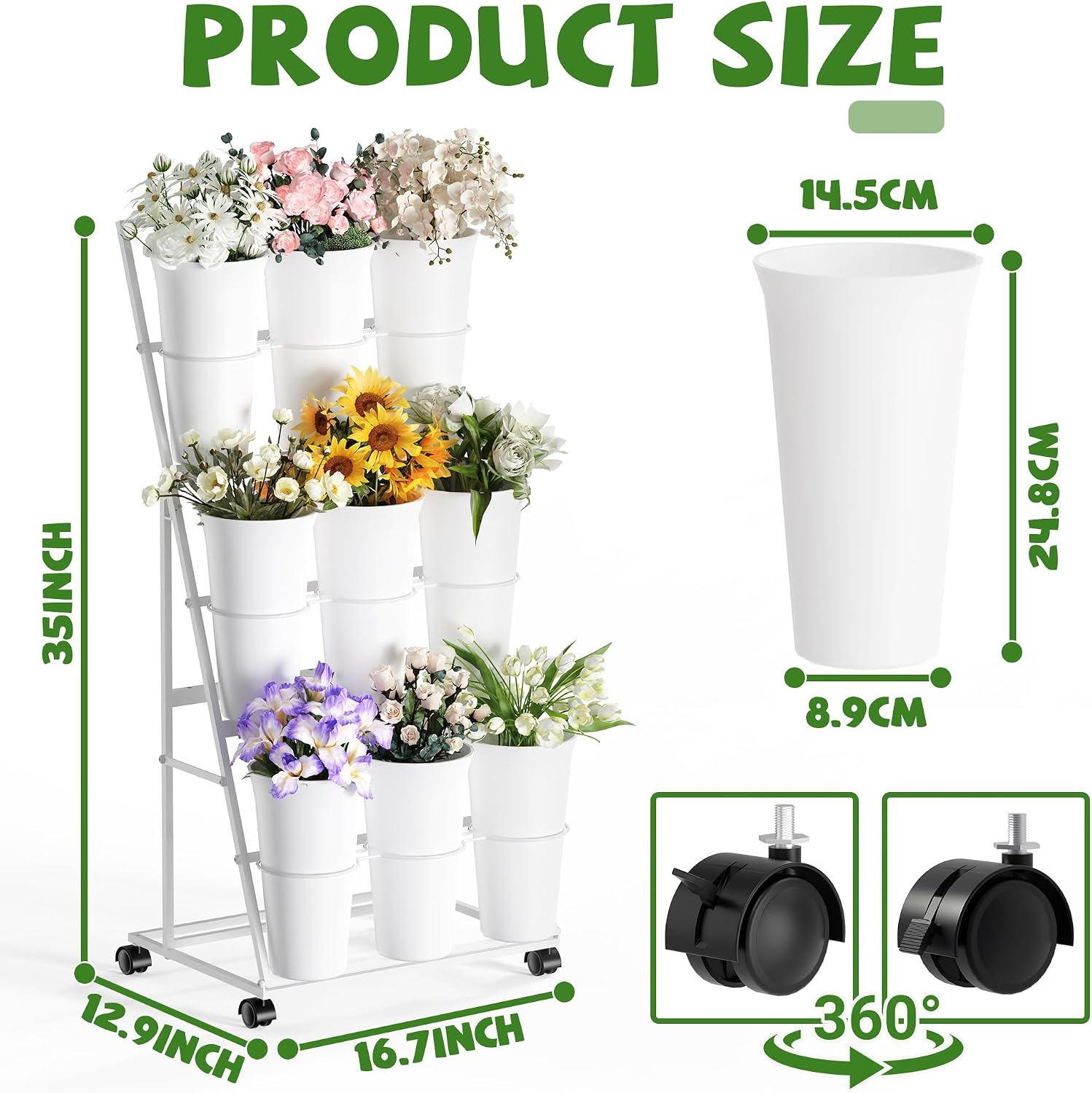Invech Flower Display Stand with 9 Buckets. 3 Tier Flower Cart Display Stand and Wheels for Indoor Outdoor Garden. Wedding. Flower Shop (White)