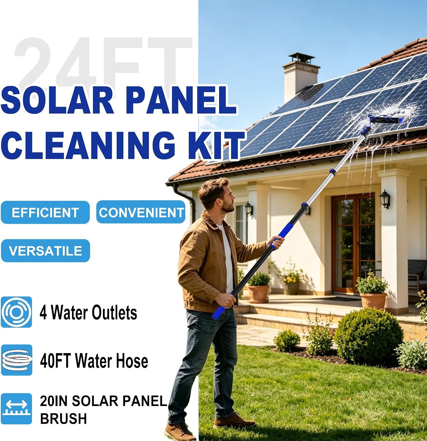 Buyplus 30FT Reach Solar Panel Cleaning Brush Kit with 5-24FT Telescoping Pole. Water Fed Window Cleaner Tool with 20 Brush. Soap Dispenser. Cobweb Duster. Squeegee for Roof. RV. Gutter. Deck.Blue