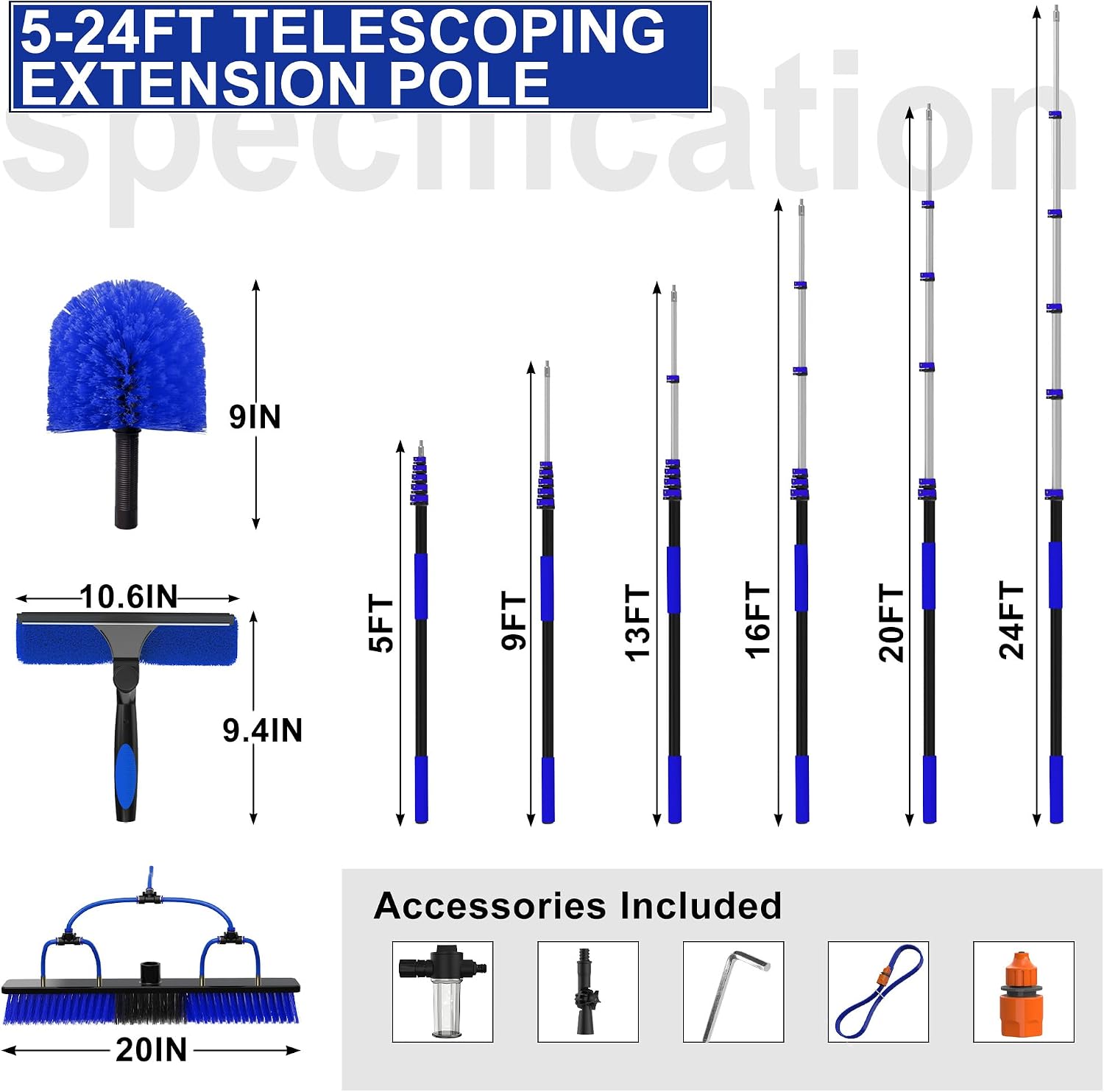 Buyplus 30FT Reach Solar Panel Cleaning Brush Kit with 5-24FT Telescoping Pole. Water Fed Window Cleaner Tool with 20 Brush. Soap Dispenser. Cobweb Duster. Squeegee for Roof. RV. Gutter. Deck.Blue