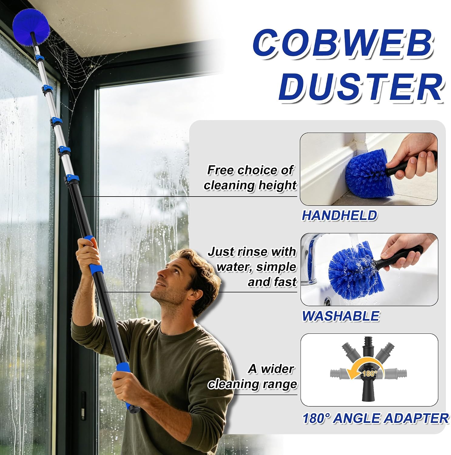 Buyplus 30FT Reach Solar Panel Cleaning Brush Kit with 5-24FT Telescoping Pole. Water Fed Window Cleaner Tool with 20 Brush. Soap Dispenser. Cobweb Duster. Squeegee for Roof. RV. Gutter. Deck.Blue