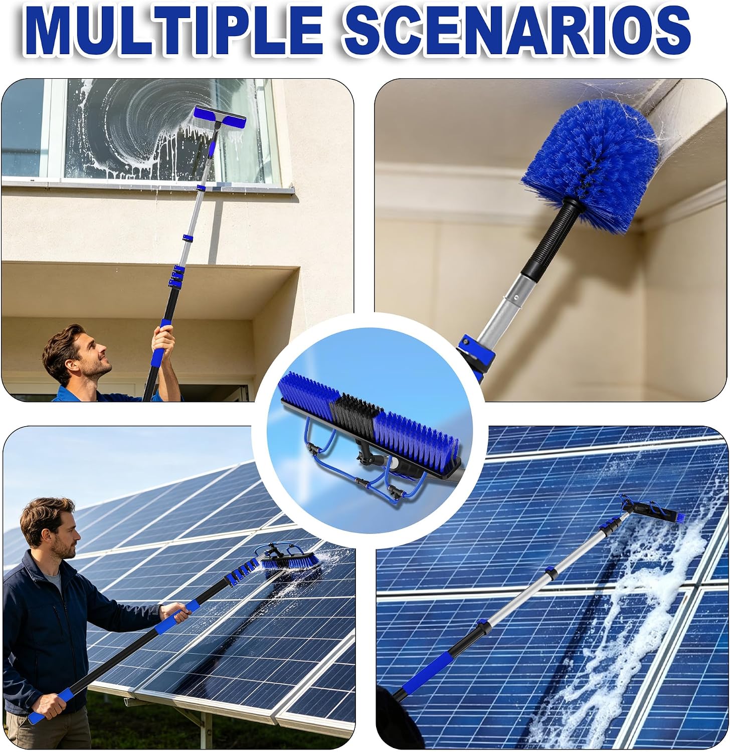 Buyplus 30FT Reach Solar Panel Cleaning Brush Kit with 5-24FT Telescoping Pole. Water Fed Window Cleaner Tool with 20 Brush. Soap Dispenser. Cobweb Duster. Squeegee for Roof. RV. Gutter. Deck.Blue