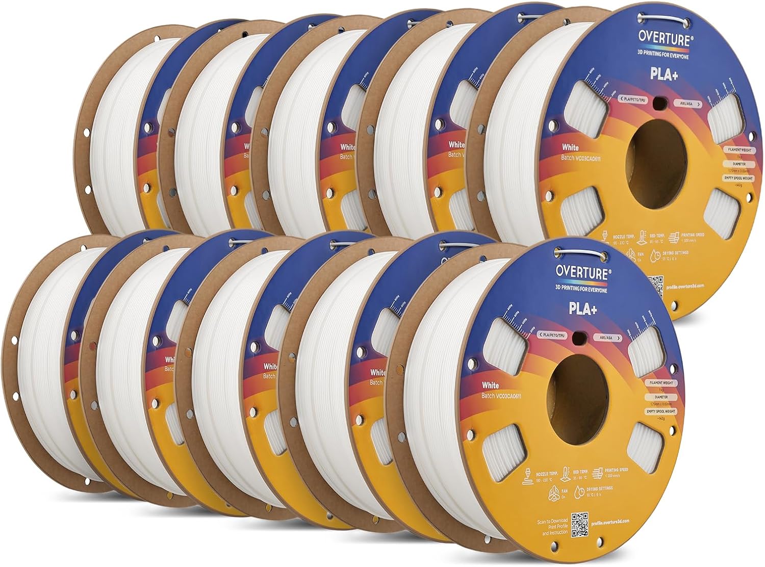 OVERTURE 10KG Bundle High Speed PLA+ 3D Printer Filament 1.75mm | Upgraded Rapid PLA 2.0 with Enhanced Toughness & Stability. 10 Pack 1kg Spool (2.2lbs) (White*10)