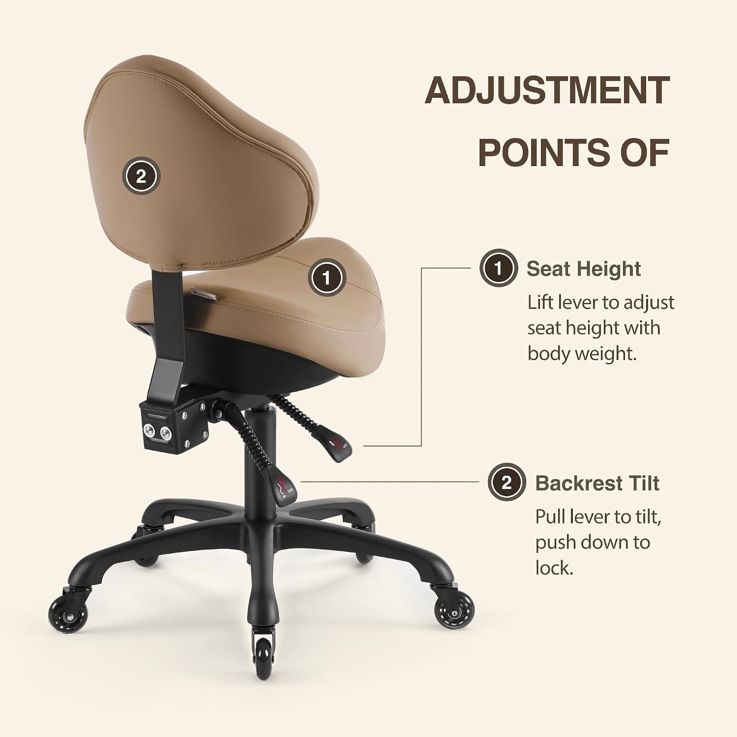 Ergonomic Saddle Chair with Back Support. Adjustable Rolling Stool | Aluminum Base · Adjustable Backrest · PU Casters · 400 lb Capacity · Dental. Salon. Spa & Office