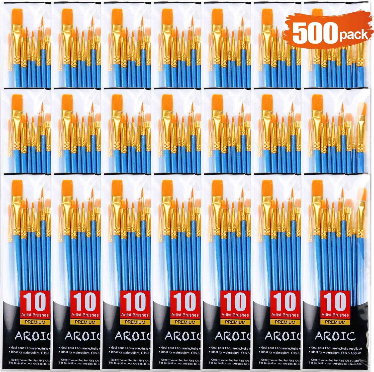 Acrylic Paint Brush Set. 50 Packs / 500 pcs Nylon Hair Brushes | All Purpose Oil Watercolor Painting Artist Professional Kits