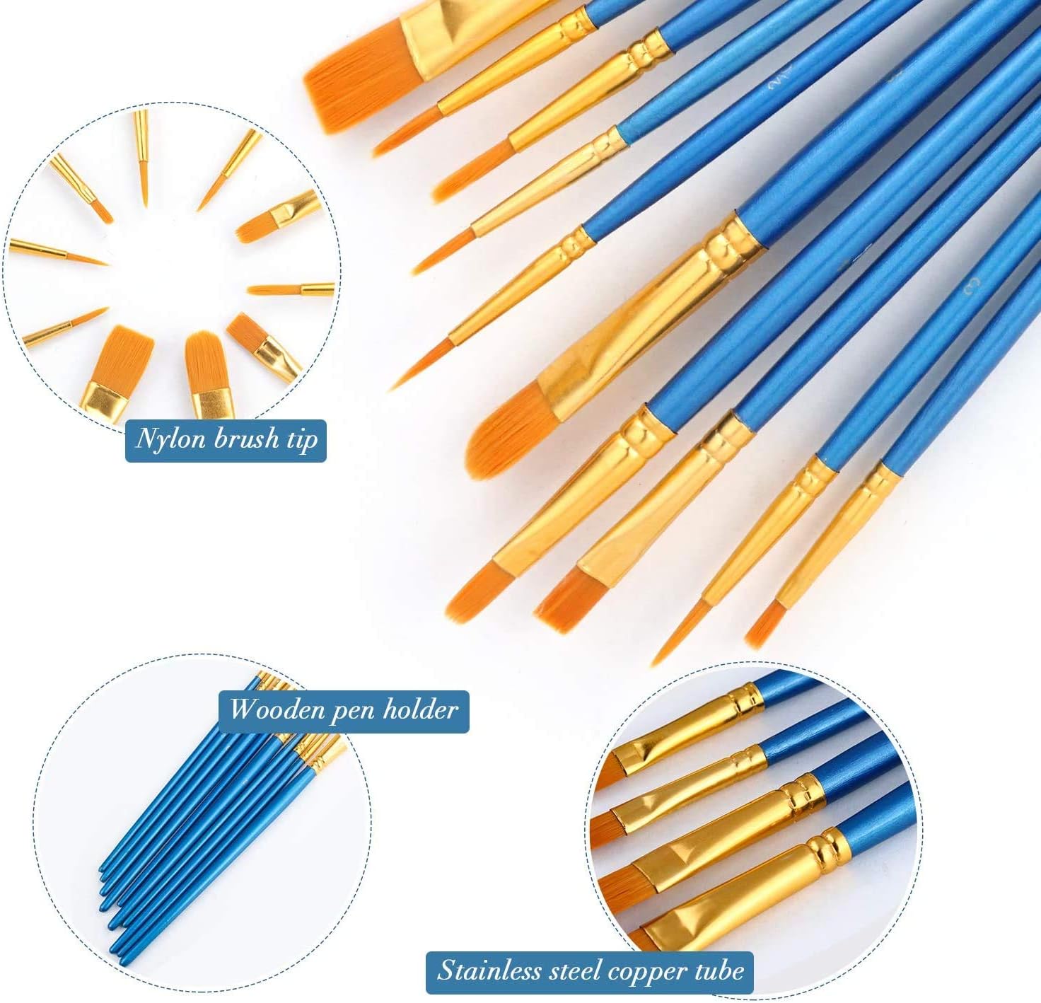 Acrylic Paint Brush Set. 50 Packs / 500 pcs Nylon Hair Brushes | All Purpose Oil Watercolor Painting Artist Professional Kits