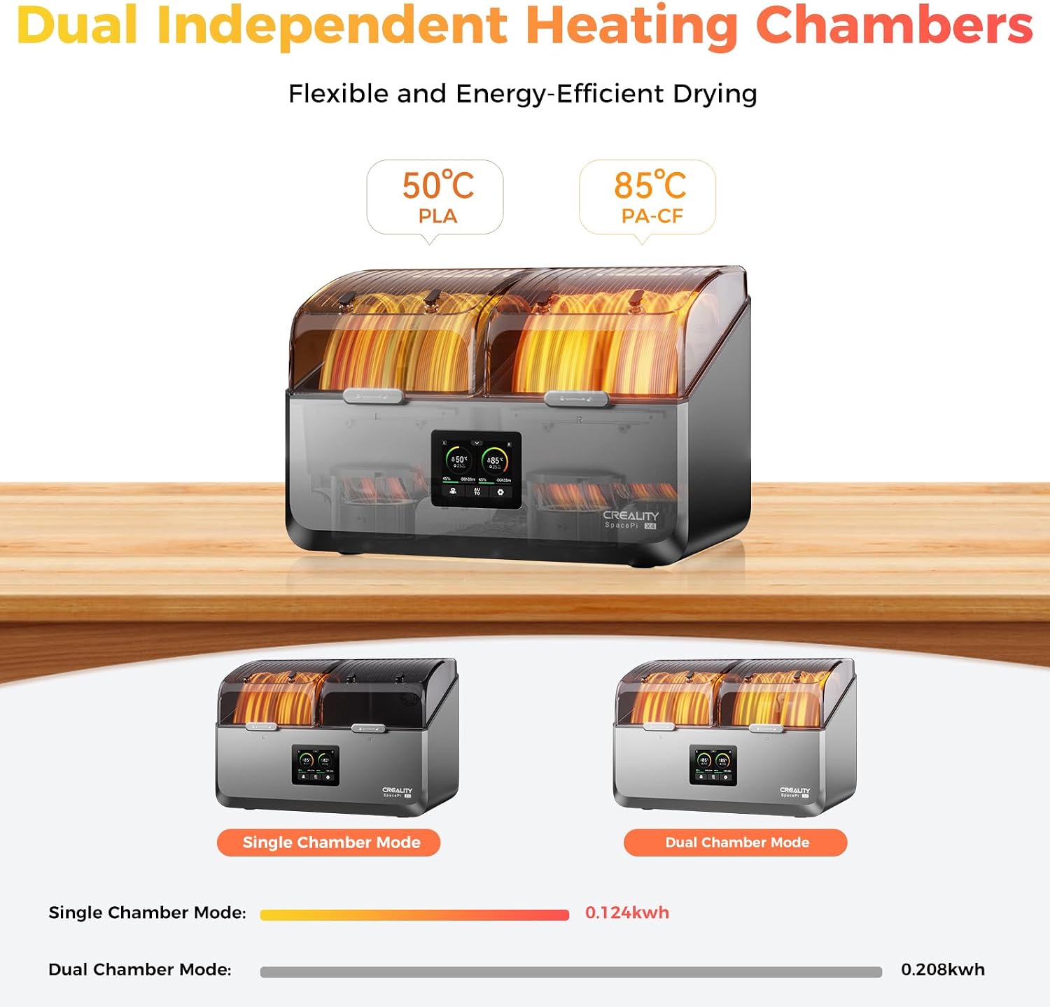 Official Creality Filament Dryer. Space Pi X4 Filament Storage Box. 85℃ Max Temperature. Dual Independent Heating Chambers. Power Saving for PLA PETG ABS TPU ASA PC PA PAHT. DB-05