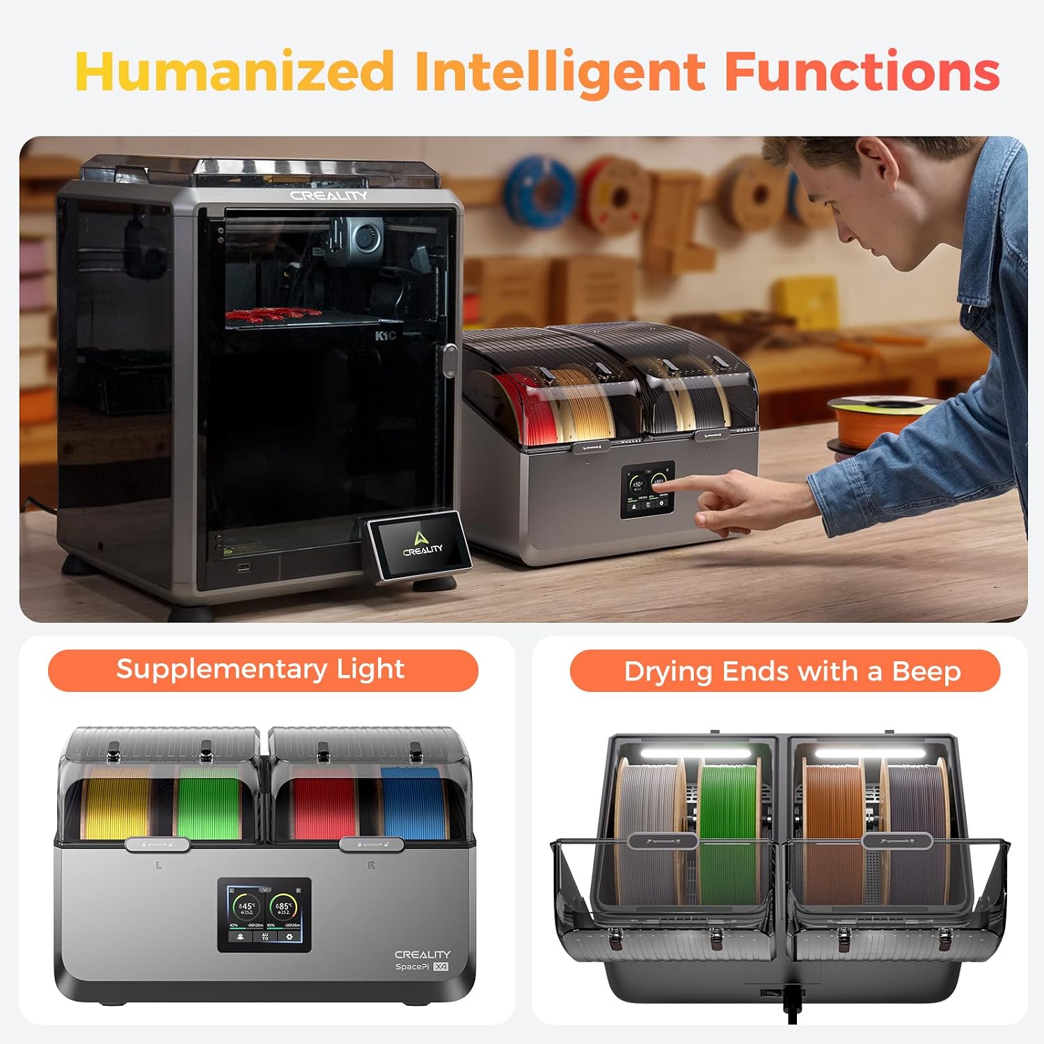 Official Creality Filament Dryer. Space Pi X4 Filament Storage Box. 85℃ Max Temperature. Dual Independent Heating Chambers. Power Saving for PLA PETG ABS TPU ASA PC PA PAHT. DB-05