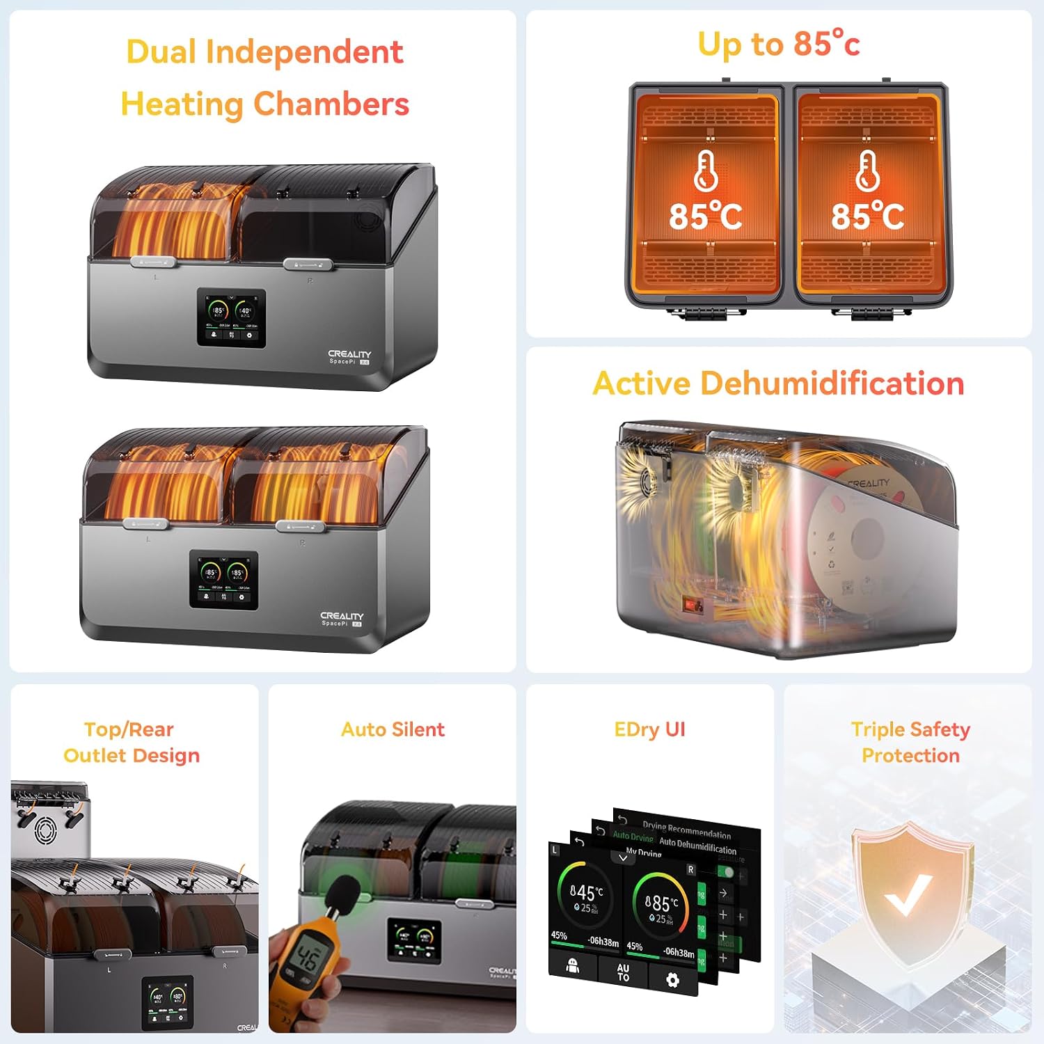 Official Creality Filament Dryer. Space Pi X4 Filament Storage Box. 85℃ Max Temperature. Dual Independent Heating Chambers. Power Saving for PLA PETG ABS TPU ASA PC PA PAHT. DB-05
