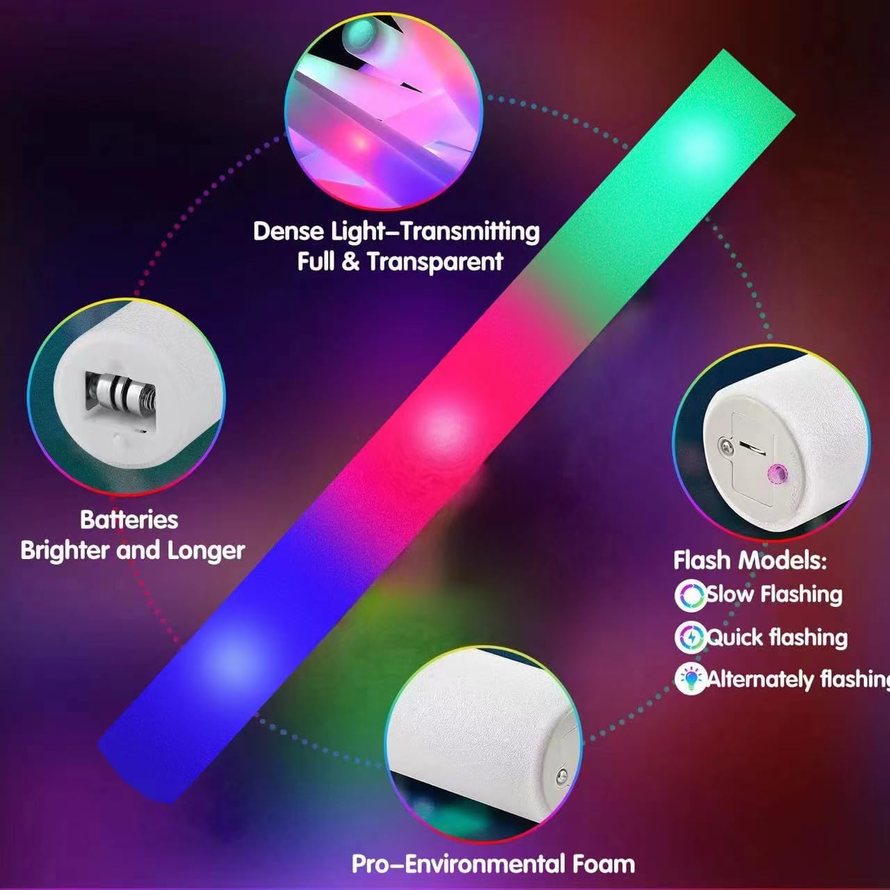 SHQDD 54PCS Foam Glow Sticks Bulk. Light up Foam Sticks with 3 Modes of Color Flashing. Glow Sticks Party Pack. Light up in the Dark Party Supplies for Wedding. Concert. New Year. Halloween