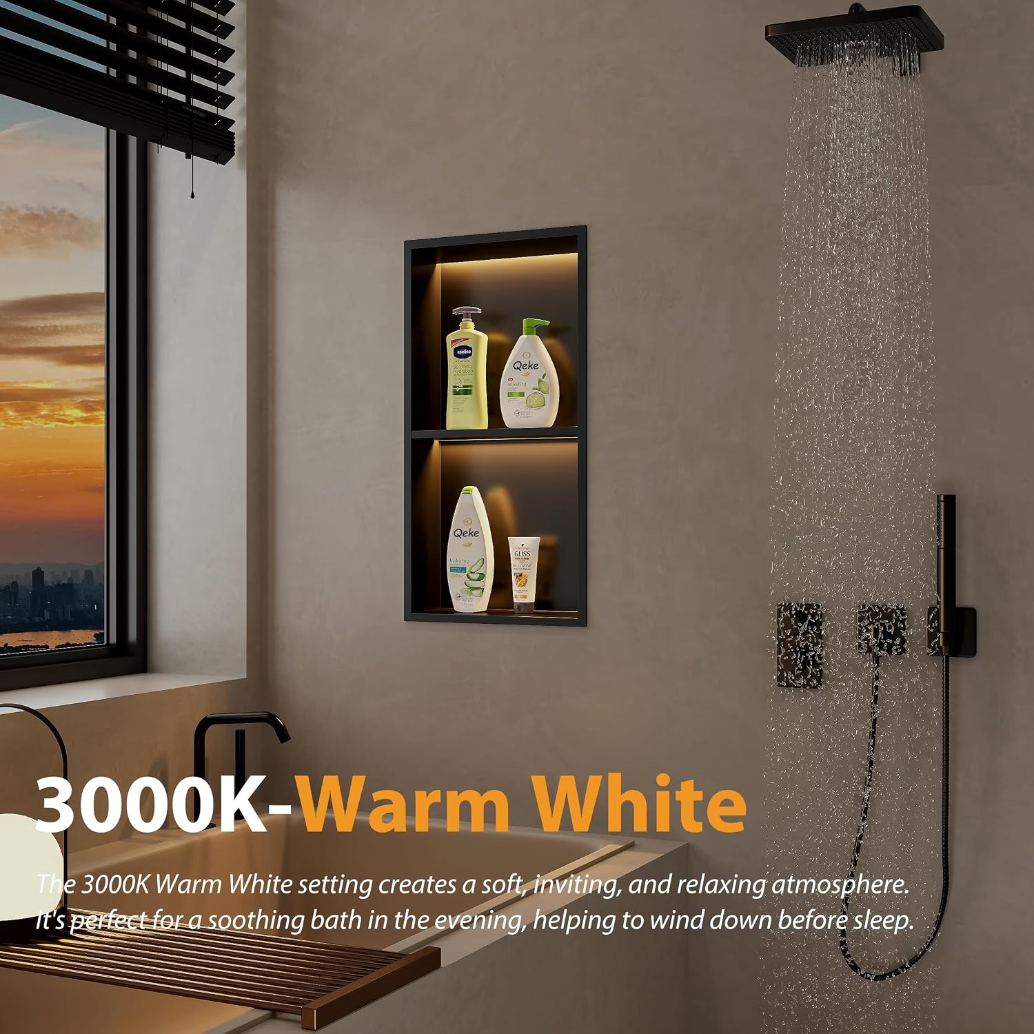 Qeke 12 X 24 Stainless Steel Shower Niche w/ 3 CCT Dimmable Light. Black | No Tile Needed Wall Niche. 2-Tiers Niche w/ Light(3000K/4000K/6000K). IP66 Waterproof. Space Saving & Durable