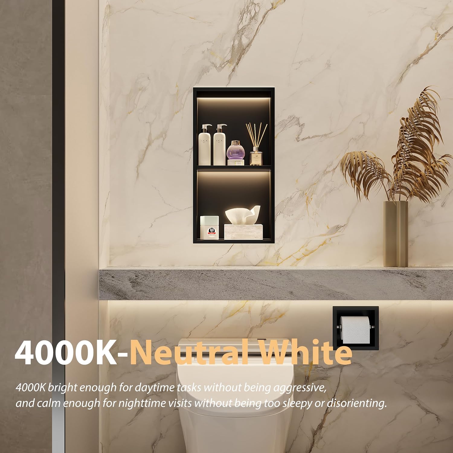 Qeke 12 X 24 Stainless Steel Shower Niche w/ 3 CCT Dimmable Light. Black | No Tile Needed Wall Niche. 2-Tiers Niche w/ Light(3000K/4000K/6000K). IP66 Waterproof. Space Saving & Durable