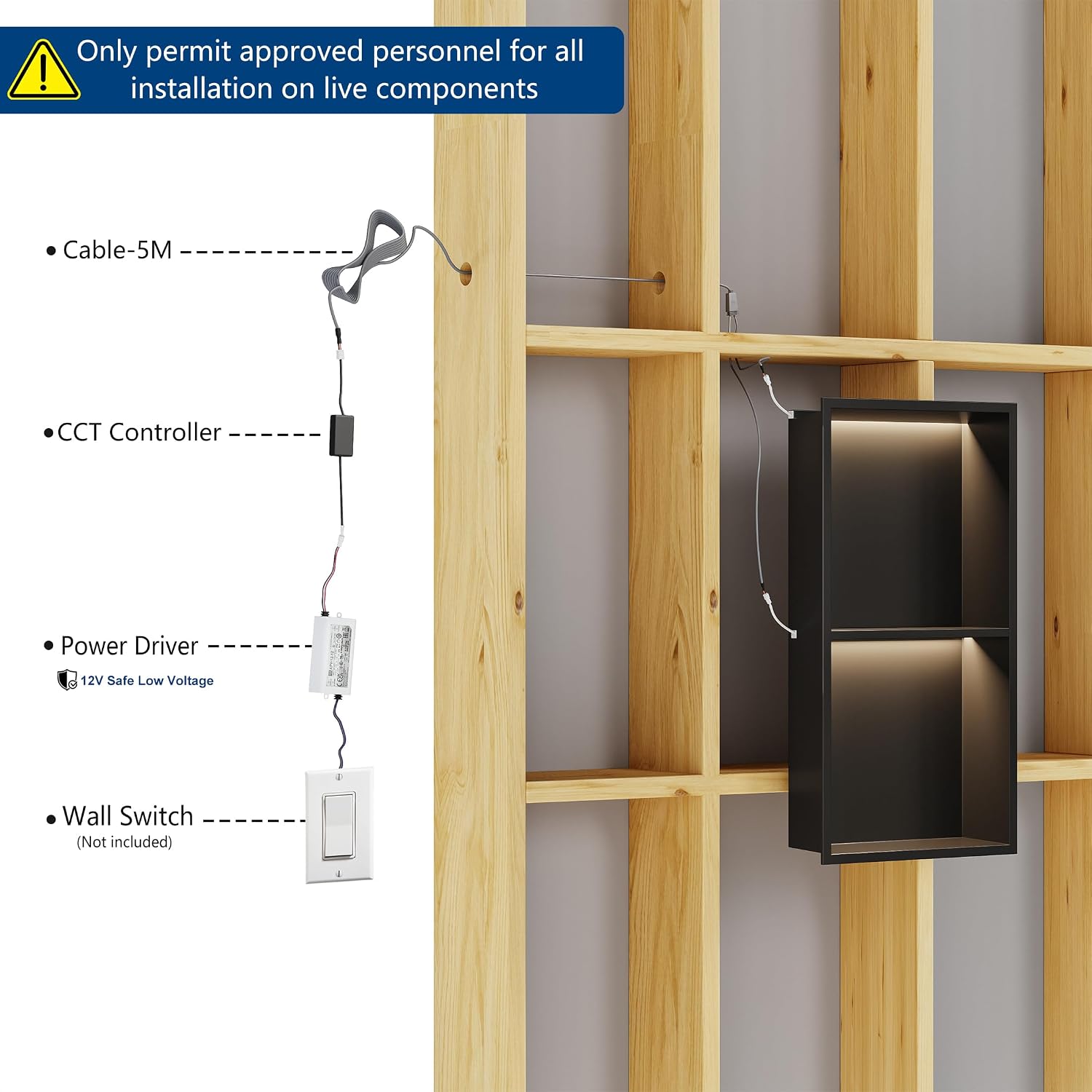 Qeke 12 X 24 Stainless Steel Shower Niche w/ 3 CCT Dimmable Light. Black | No Tile Needed Wall Niche. 2-Tiers Niche w/ Light(3000K/4000K/6000K). IP66 Waterproof. Space Saving & Durable
