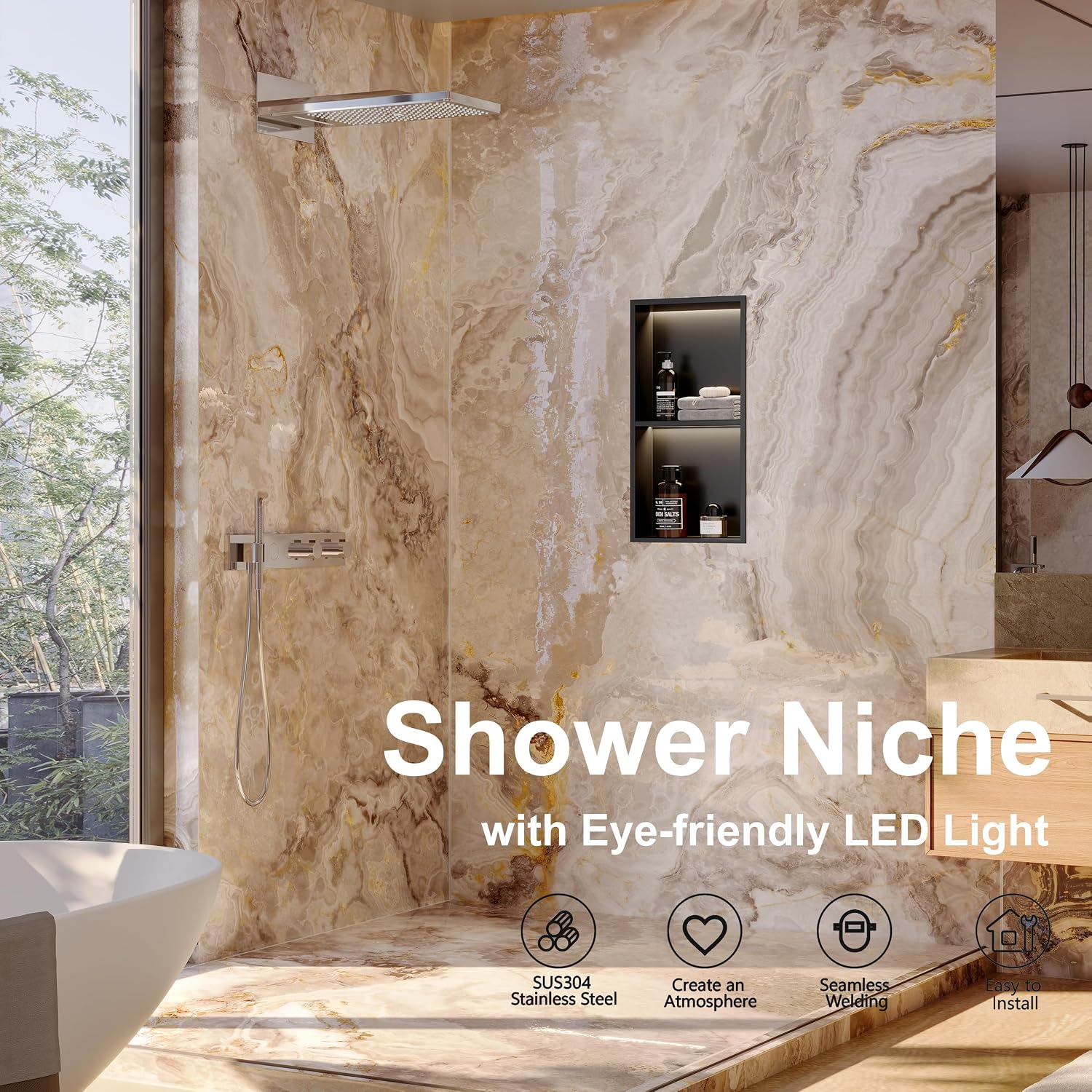 Qeke 12 X 24 Stainless Steel Shower Niche w/ 3 CCT Dimmable Light. Black | No Tile Needed Wall Niche. 2-Tiers Niche w/ Light(3000K/4000K/6000K). IP66 Waterproof. Space Saving & Durable