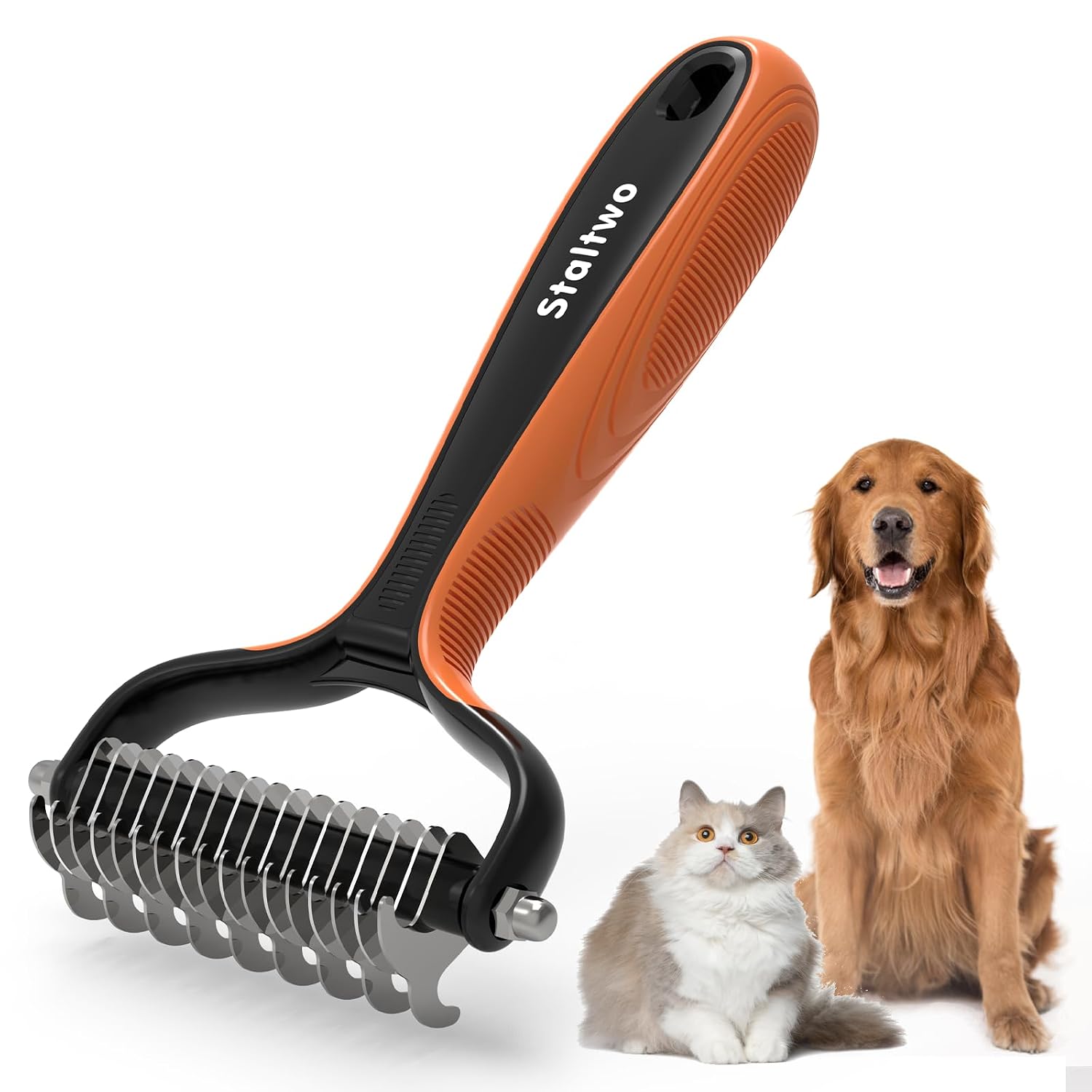 Staltwo Deshedding Dog Brush for Shedding. Undercoat Rake for Dog&Cat | Orange Extra-Wide Double-Sided Pet Grooming tool | Shedding Control for Long/Medium-Haired Dogs and Cats. Knot Removal