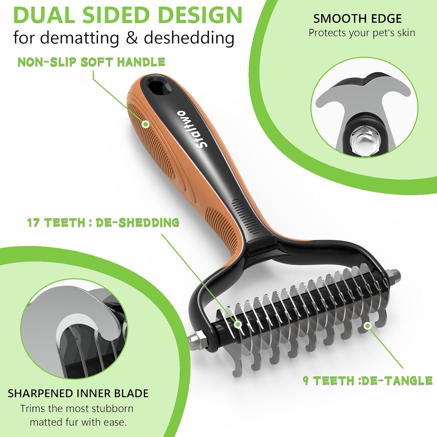 Staltwo Deshedding Dog Brush for Shedding. Undercoat Rake for Dog&Cat | Orange Extra-Wide Double-Sided Pet Grooming tool | Shedding Control for Long/Medium-Haired Dogs and Cats. Knot Removal