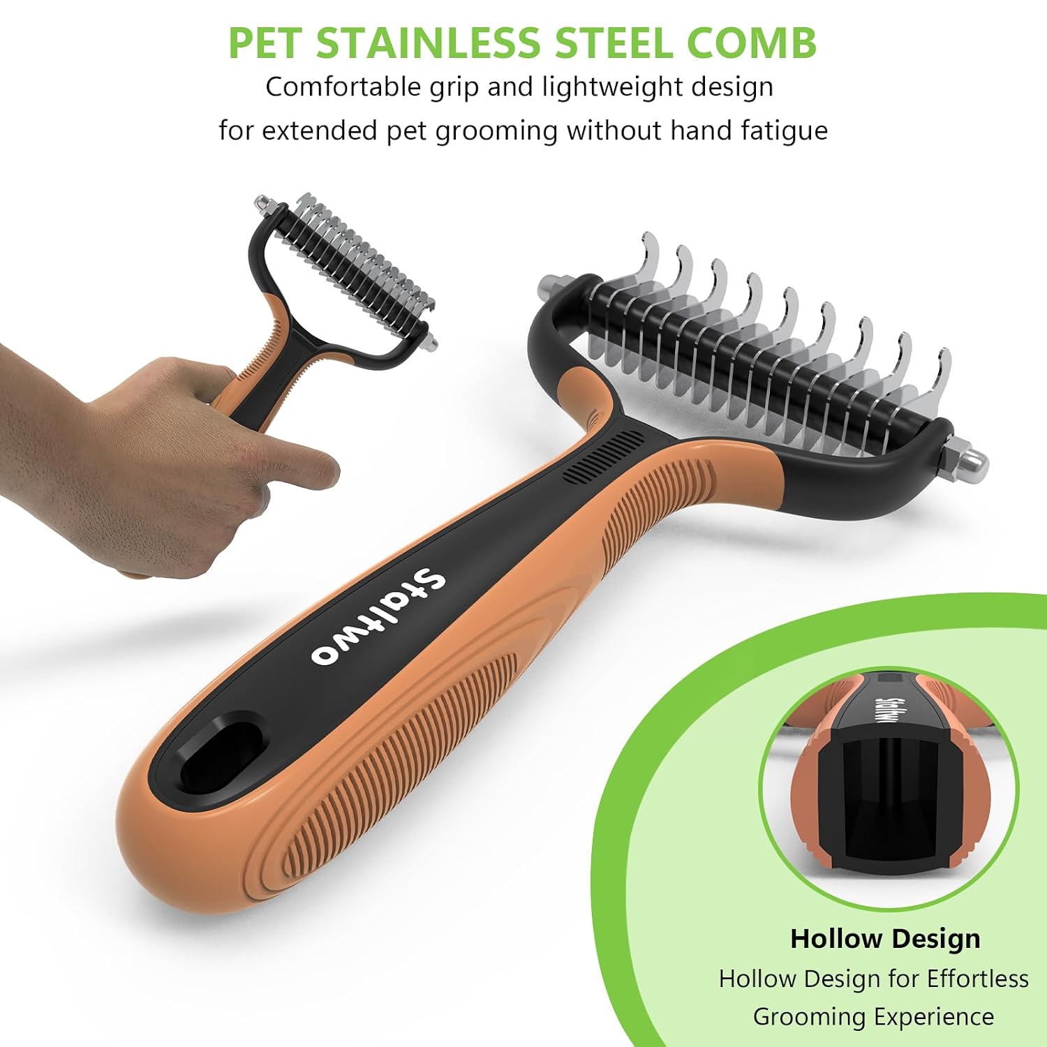 Staltwo Deshedding Dog Brush for Shedding. Undercoat Rake for Dog&Cat | Orange Extra-Wide Double-Sided Pet Grooming tool | Shedding Control for Long/Medium-Haired Dogs and Cats. Knot Removal
