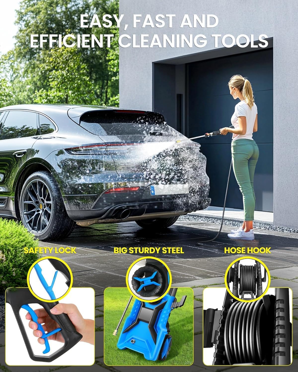 Electric Pressure Washer.5000 PSI 3.6GPM Adjustable Pressure.Power Washer Electric Powered with Foam Cannon.4 Nozzle.33FT Hose.GFCI Protection and Soap Bottle for Home/Cars/Fences (Blue)