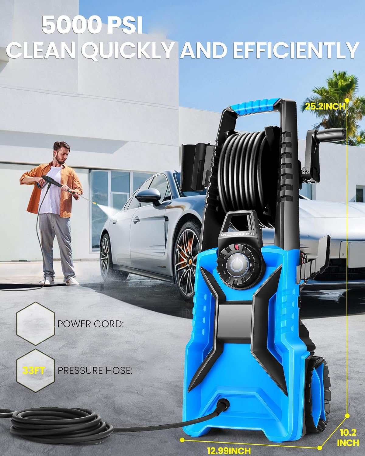 Electric Pressure Washer.5000 PSI 3.6GPM Adjustable Pressure.Power Washer Electric Powered with Foam Cannon.4 Nozzle.33FT Hose.GFCI Protection and Soap Bottle for Home/Cars/Fences (Blue)